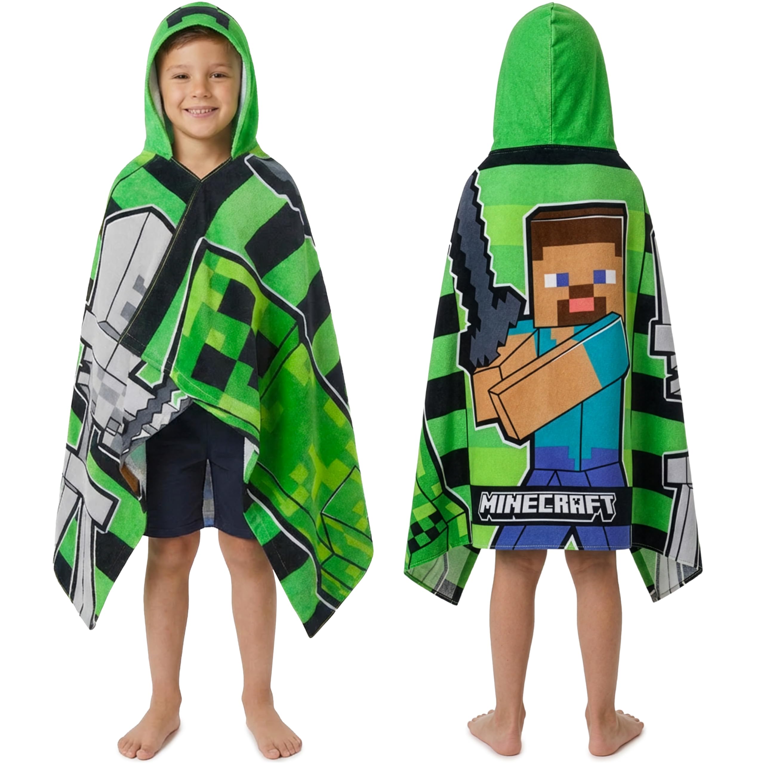 Photo 1 of Minecraft Towelling Poncho Kids Teens Hooded Bath Towels Absorbent Beach Towel (Green/Black, 6-14 Years)