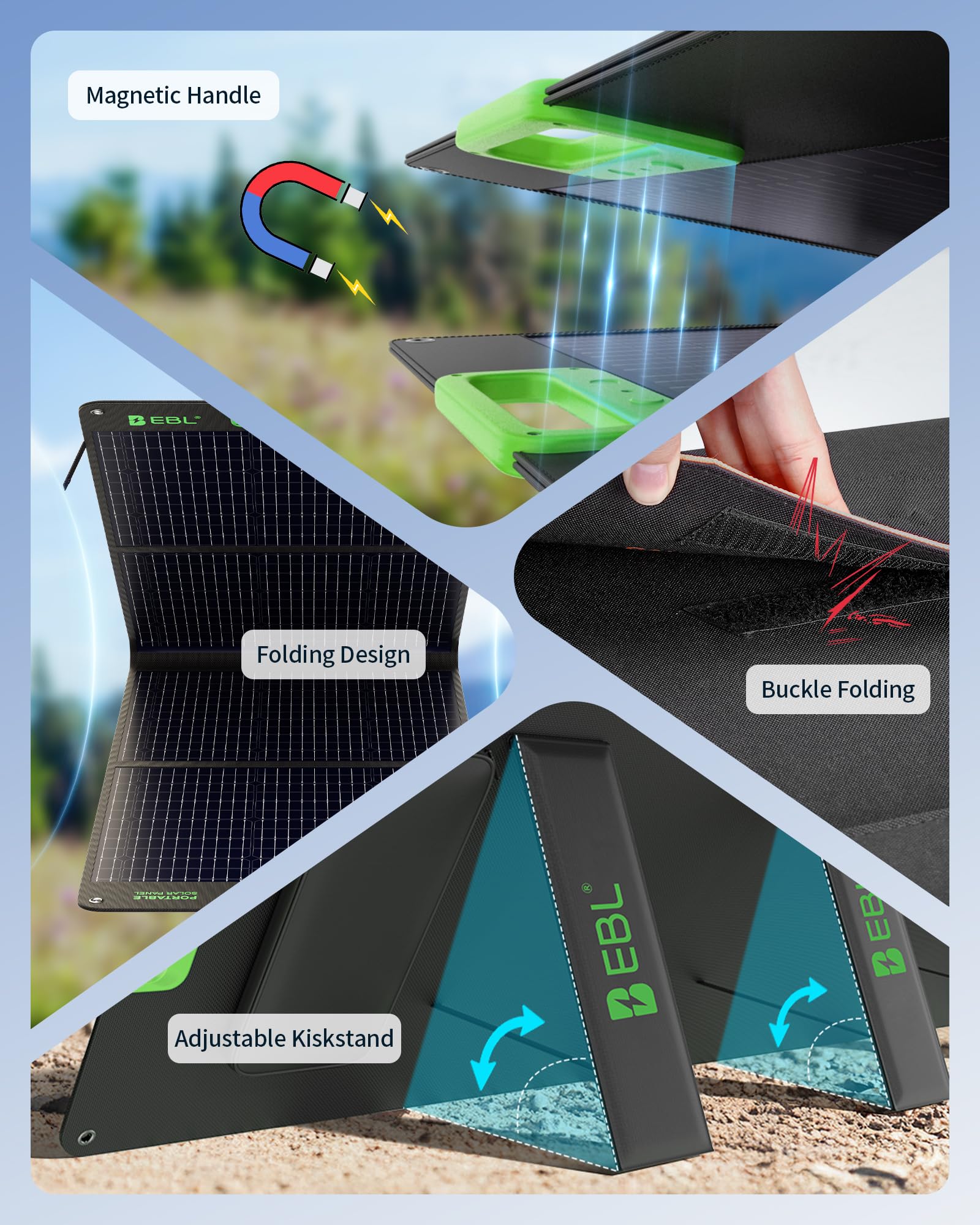 EBL Solar Apollo - Panel solar portátil de 100 W (actualizado) para estación de energía 240/300/500/1000/1500/2000, con soporte ajustable y cable paralelo, impermeable IP65 para acampar al aire libre