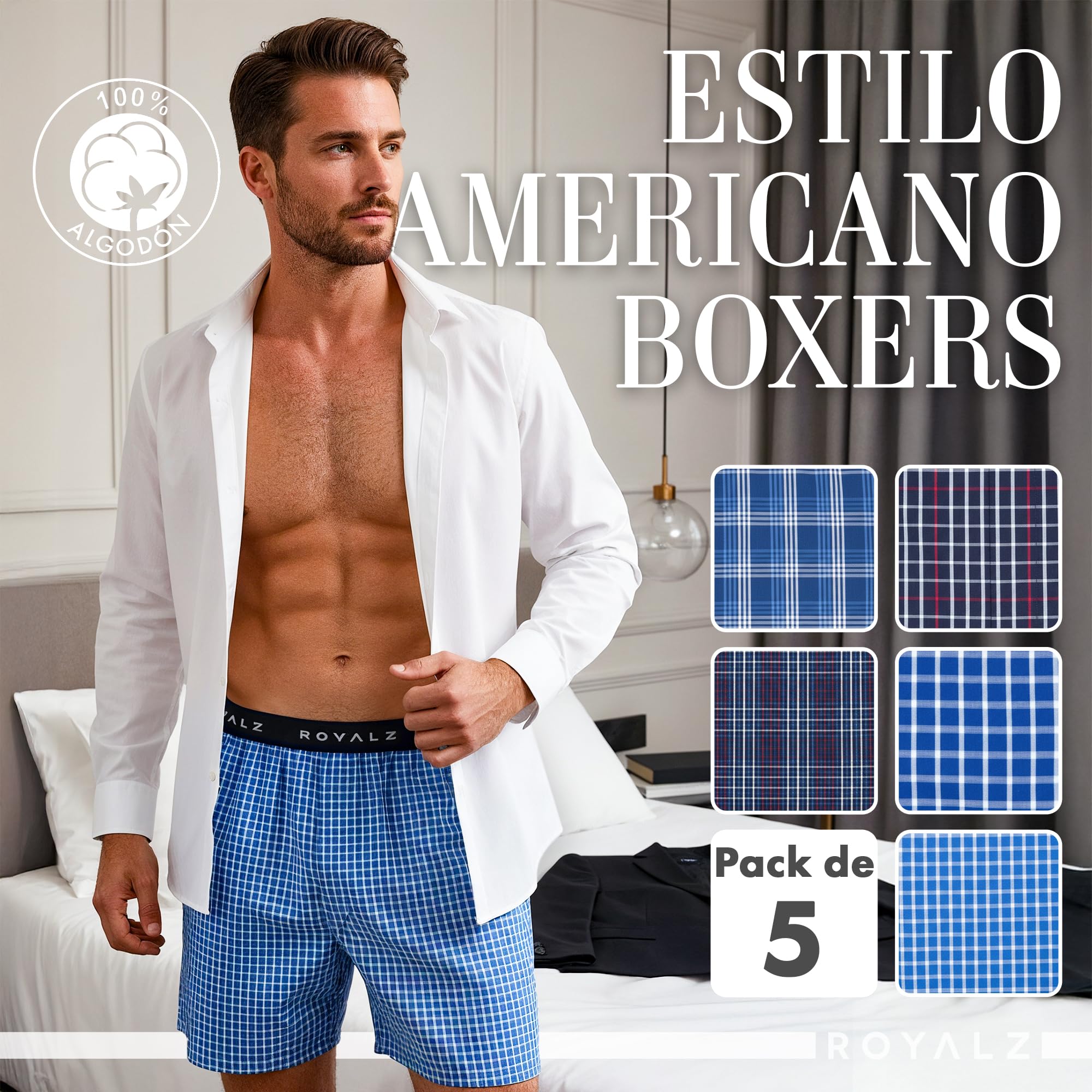 ROYALZ Calzoncillo Bóxer Americano Hombre Set de 5 Azul 100 Algodón Estilo American Style Ropa Interior Ancha Paquete 5