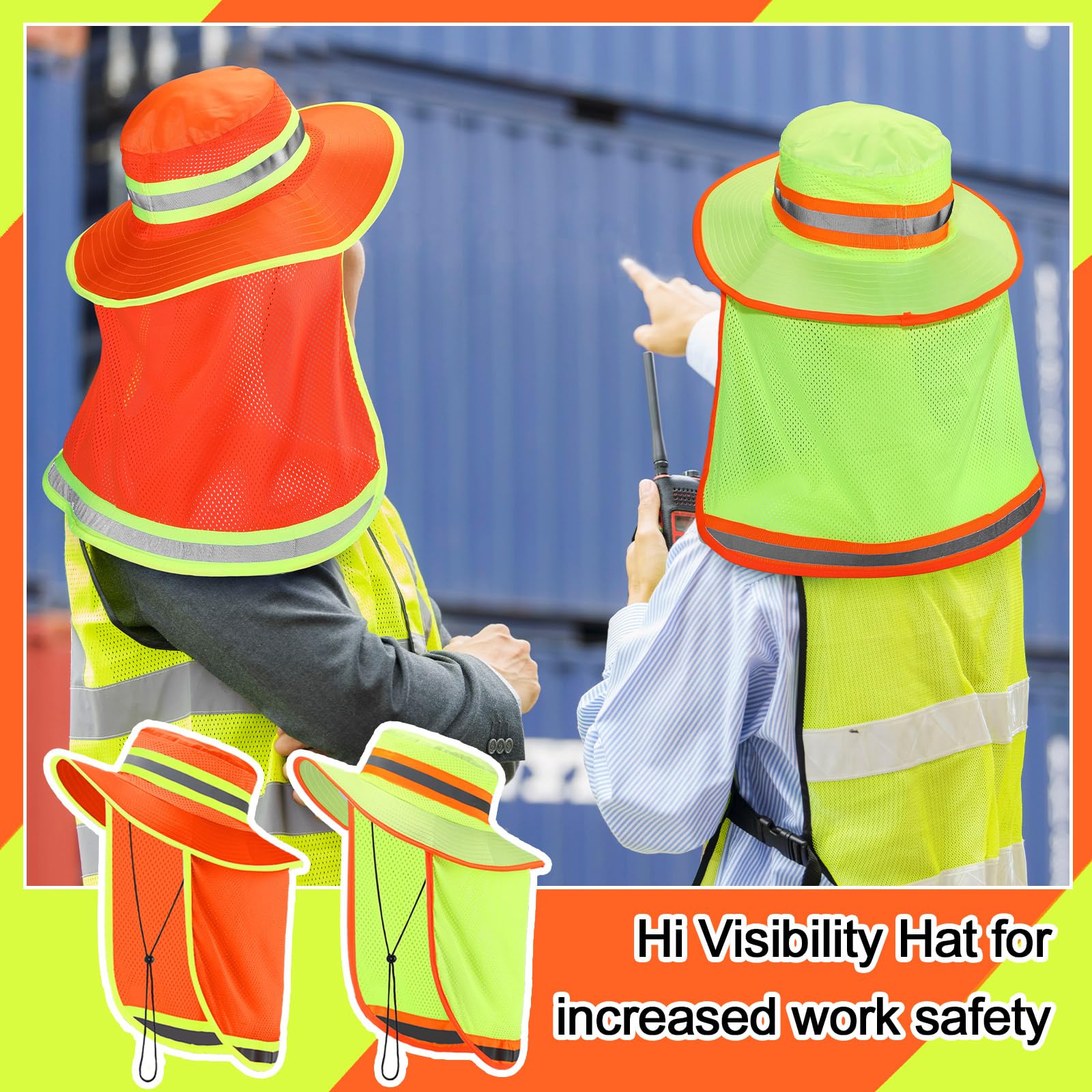 6 sombreros de seguridad reflectantes de alta visibilidad con solapa para el cuello, sombrero tipo boonie de ala ancha, sombreros de trabajo transpirables para trabajadores