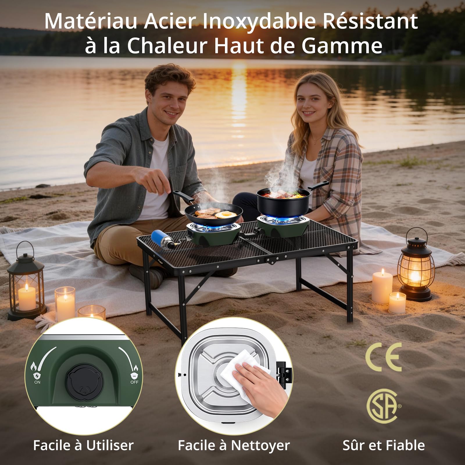 Anbte Réchaud Gaz Pliable Double Brûleur Vert 20000 BTU | Léger Compact, Allumage Piézo, Compatible Isobutane, Sac de Rangement, Adapté Camping Voiture, Caravane et Randonnée