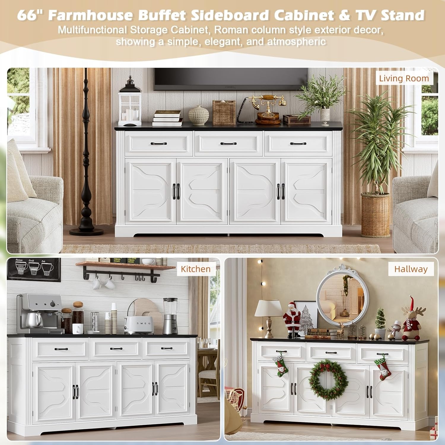 Images showing the PAKASEPT cabinet used in a living room as a TV stand, in a kitchen as a coffee bar, and in a hallway