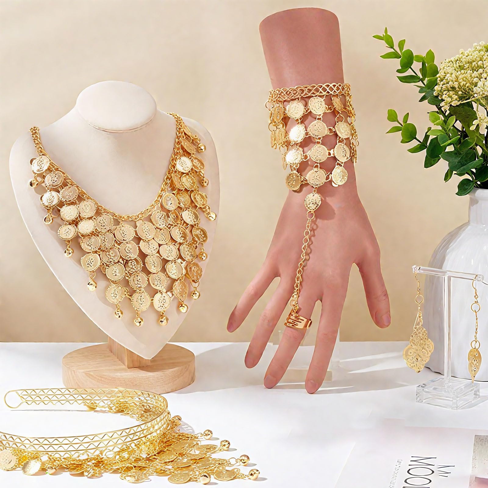 6 Pezzi Accessori per la Danza del Ventre, Set di Gioielli Placcati in Oro, Orecchini a Goccia con Moneta Bohemien, da Donna, per Halloween