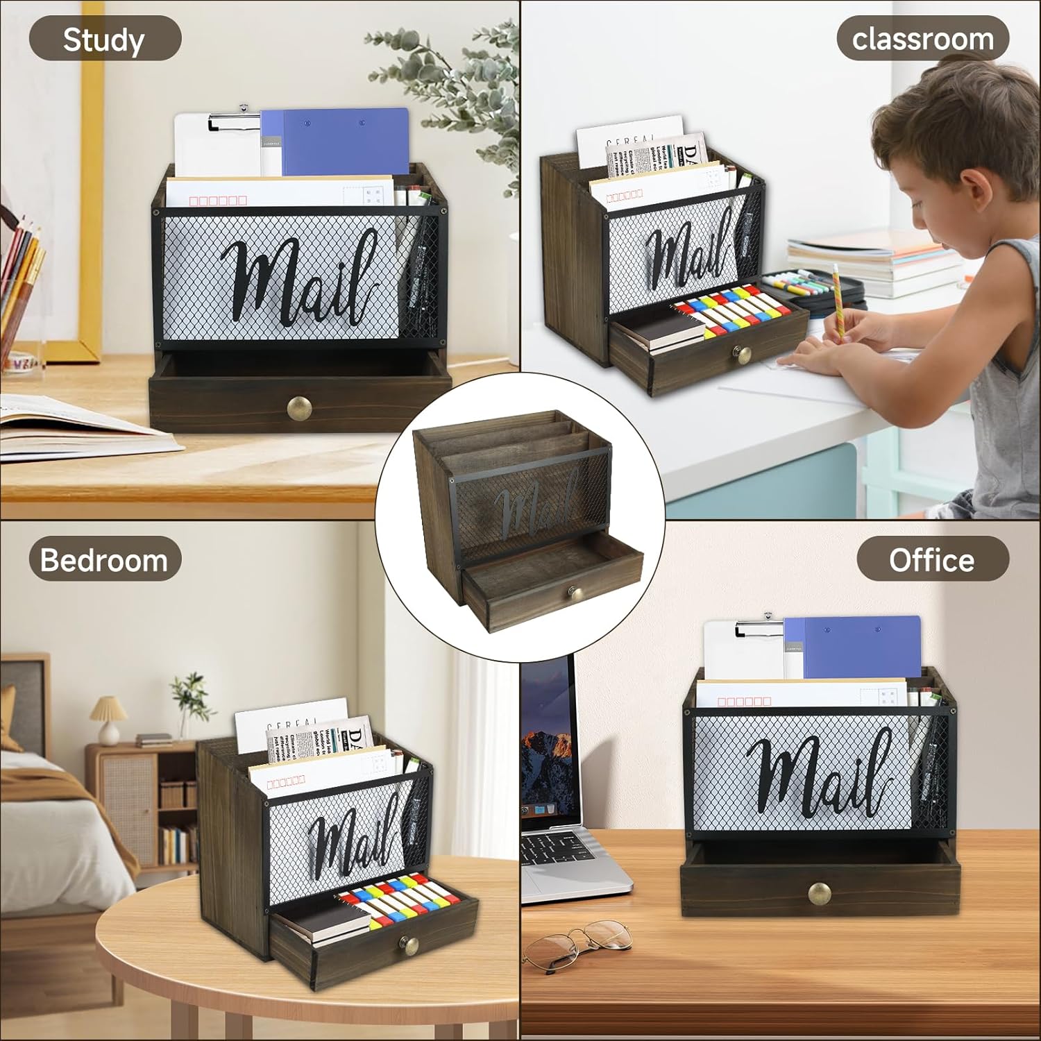 Mail Organizer Countertop with Drawer, Wooden Mail Storage Organizer Holder with 3 Compartments, Wall Mounted Mail Sorter for Home Office Bill Envelope Letter Storage, Brown