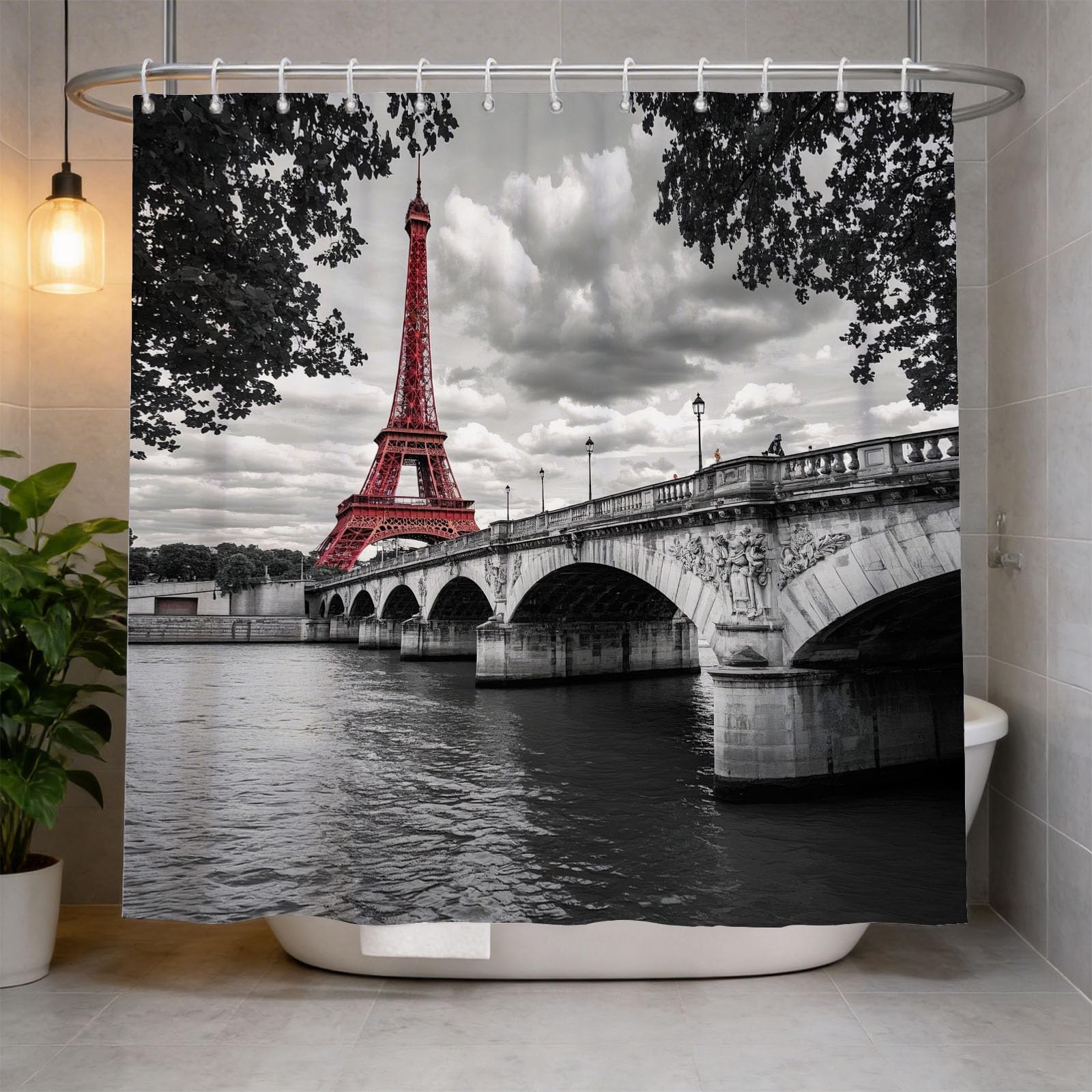 Hongduo 3D Eiffel Tower Shower Curtain for Stalls Bathtubs Paris Landmarks Bathroom Decor Shower Curtain Set Polyester Fabric Waterproof 200x200cm/79X79 Inch with Hooks