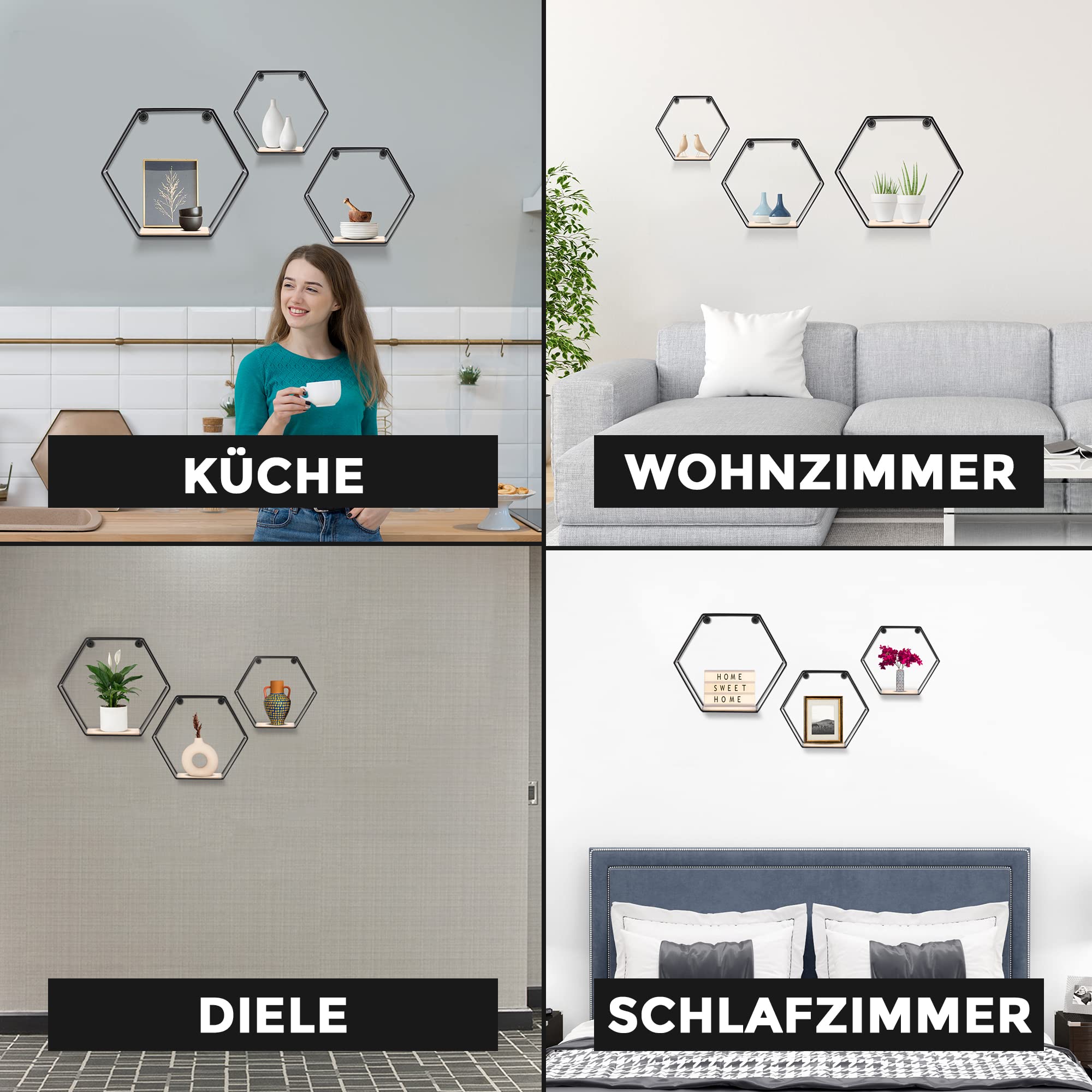3-częściowy zestaw półek ściennych Hexagon, czarne metalowe półki wiszące z drewnianą półką, nowoczesna półka sześciokątna do salonu, sypialni, kuchni i biura, stabilne półki stalowe z śrubami i