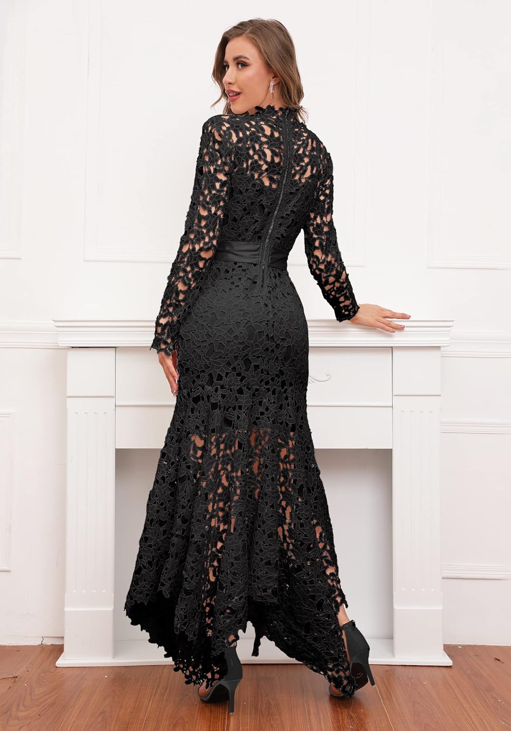 IWFEV Hollow Lace Maxi Dress - Floor-Length Lace-Up Asymmetrical Elegant Long Dress - Image 2