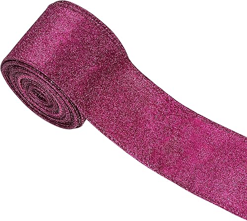Cinta decorativa con alambre metálico con purpurina rosa intenso para árbol de Navidad, cintas de color rosa intenso para corona, manualidades, casa