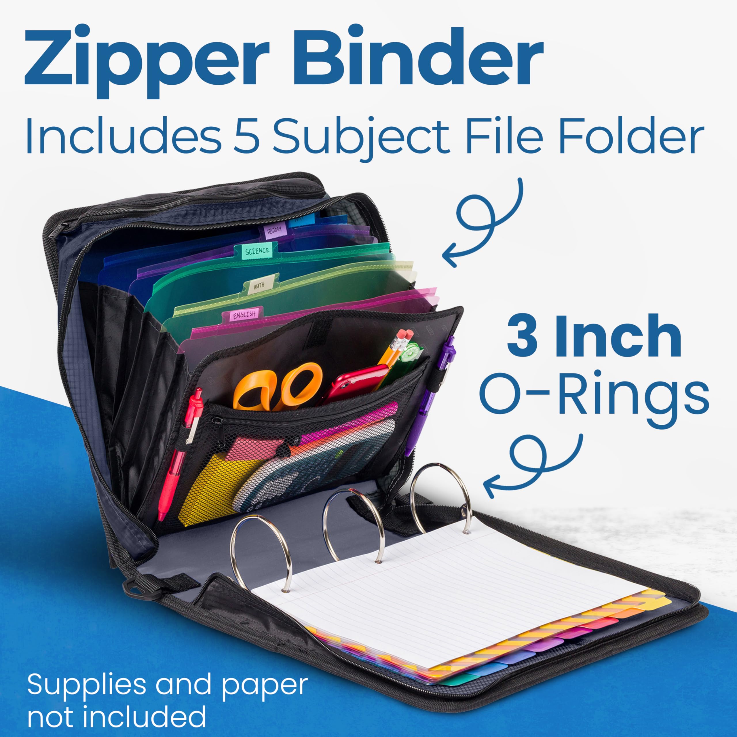 Case-it La carpeta Print Mighty Zip Tab Cremallera - Juntas tóricas de 7,5 cm - Carpeta de archivos de expansión de 5 colores - Múltiples bolsillos - Capacidad de 600 hojas - Viene con correa para el