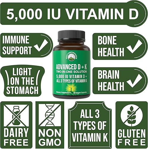 Miniatura 4 de Vitamina D avanzada 5000 IU con los 3 tipos de vitamina K de Peak Performance. Vitamina D3 y vitamina K2, K1, MK-7 (MK7), MK4. 60 píldoras vegetales