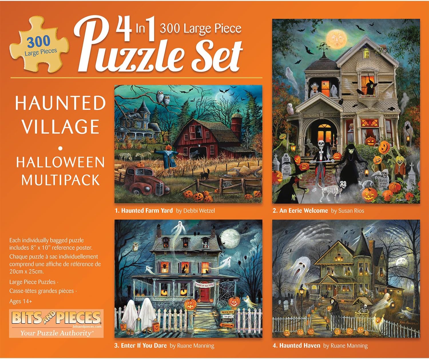 Bits and Pieces 4 Jigsaw Puzzle Set 300 Piece Puzzles for Adults, 4-in-1 Halloween Puzzles Set 300 Large Pieces 16" x 20" Jigsaw Puzzles - Haunted Farm Village - 4 Puzzle Multipack