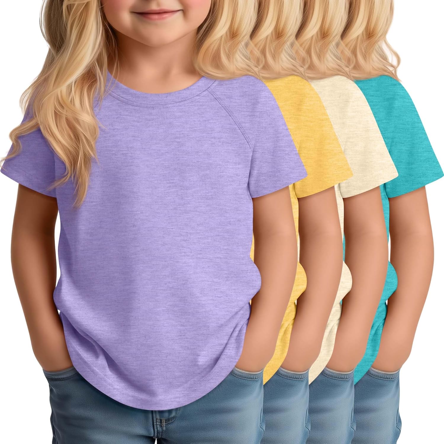 4 Pack Toddler Girls' Short Sleeve Shirts Raglan Crew Neck Tops Curved Hem Loose Casual Tshirts Baby Kids Basic Tees