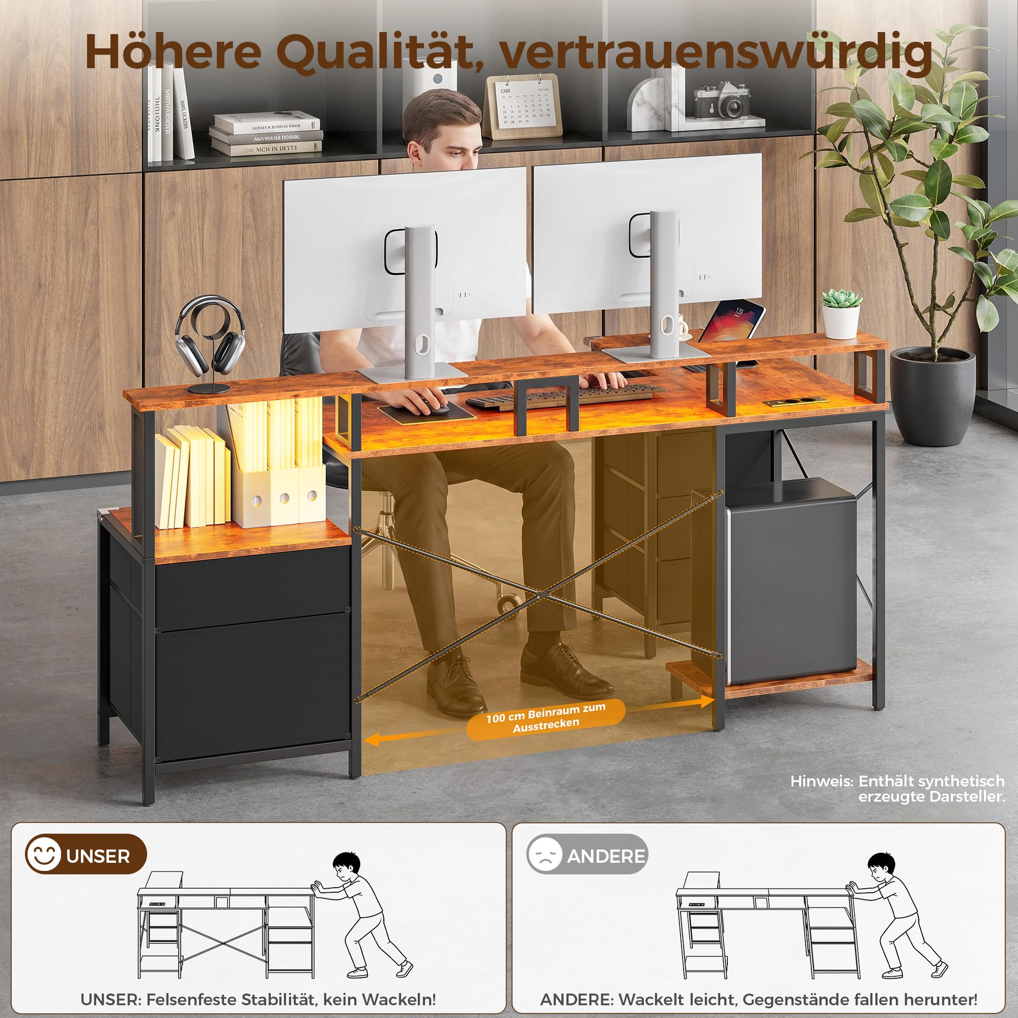 IRONCK Schreibtisch L Form Gaming Tisch mit LED & Steckdosen 2AC+1USB+1C, 189x100cm Eckschreibtisch mit 6 Schubladen&Monitorständer, Reversible Computertisch mit Stauraum für Home Office Vintage-braun
