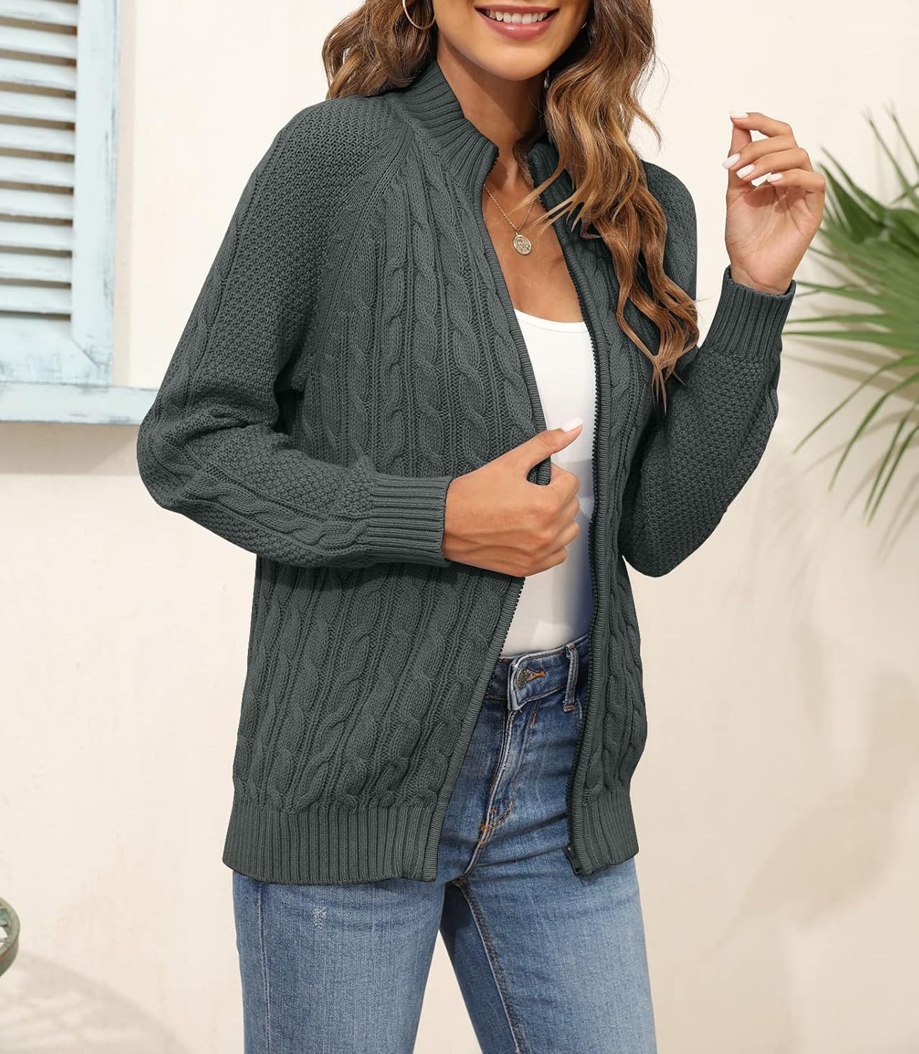 Hongqizo Women's Zipper Cable Knit Sweater Cardigan Long Sleeve Open Front Warm Knit Cardigan Casual Cardigan Knitwear - Image 3