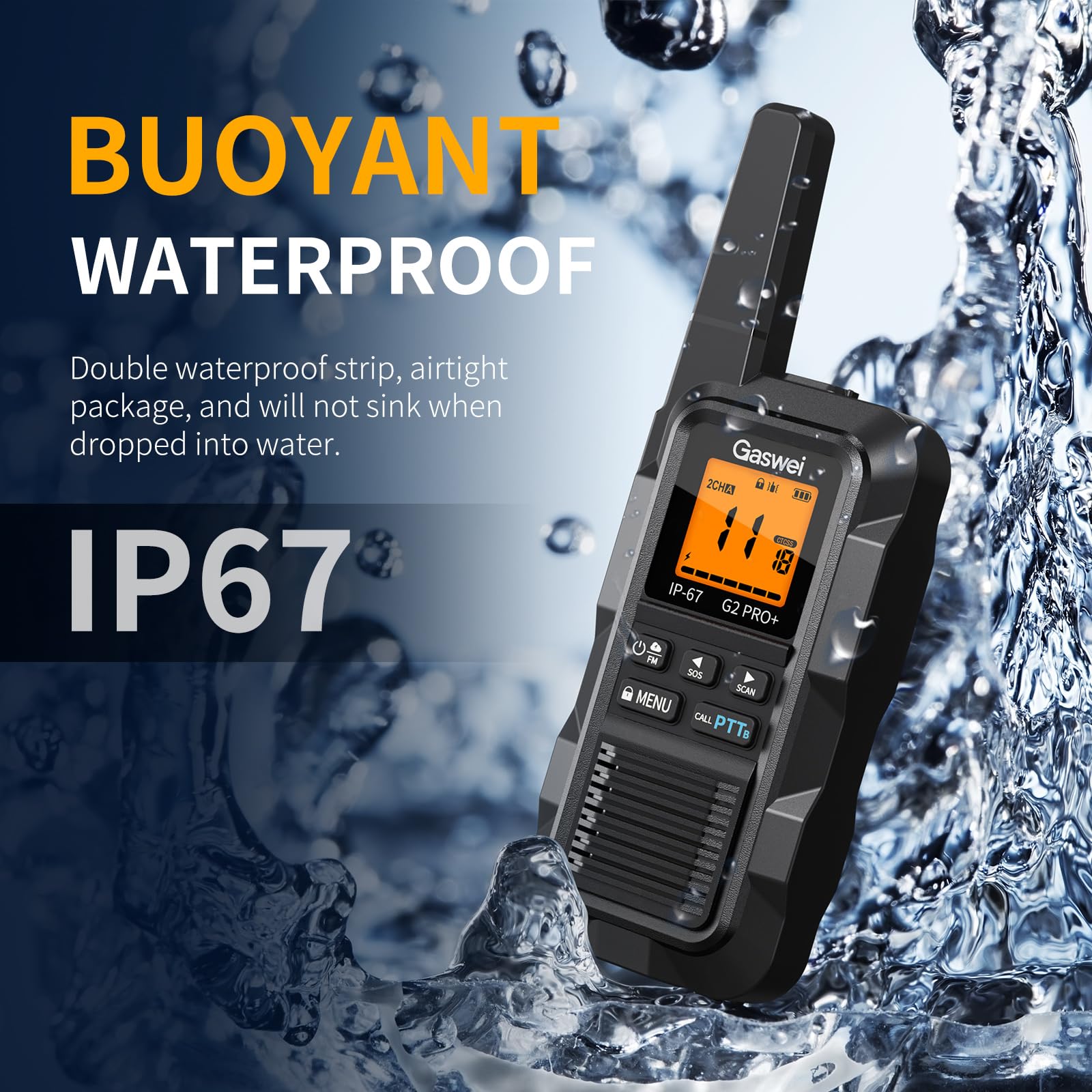 Gaswei G2Pro Professional 2-Way Radios for Adults [2 Pack] | IP67 Waterproof & Floatable Walkie Talkies with Dual PTT, SOS Alarm, FM Radio | Long Range Rechargeable — view 4