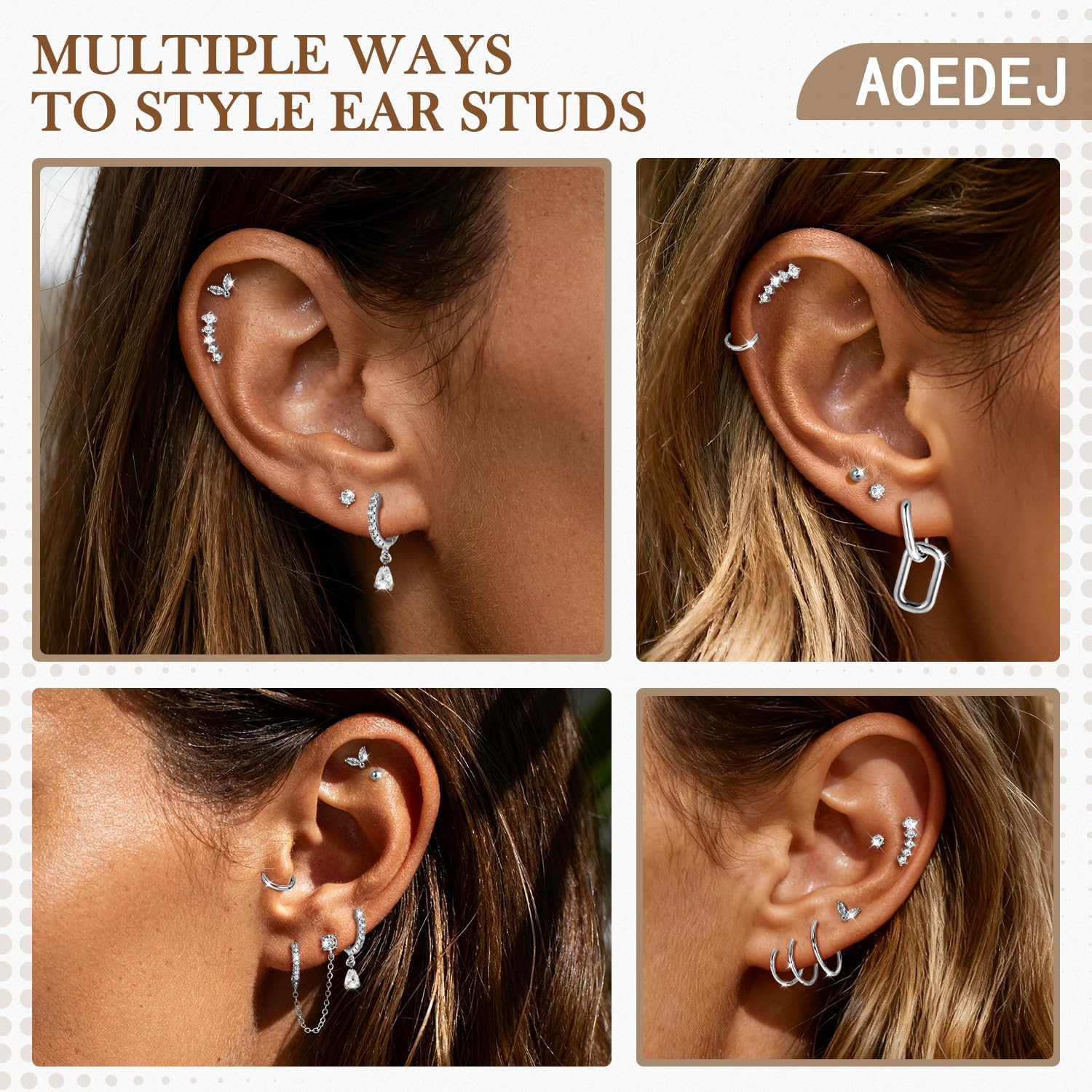 AOEDEJ 8Pairs 14K Gold Plated Hoop Stud Earring Stacks for Women Chain Cartilage Earrings Hypoallergenic Silver Huggie Earrings Sets for Multiple Piercing Jewelry - Image 2