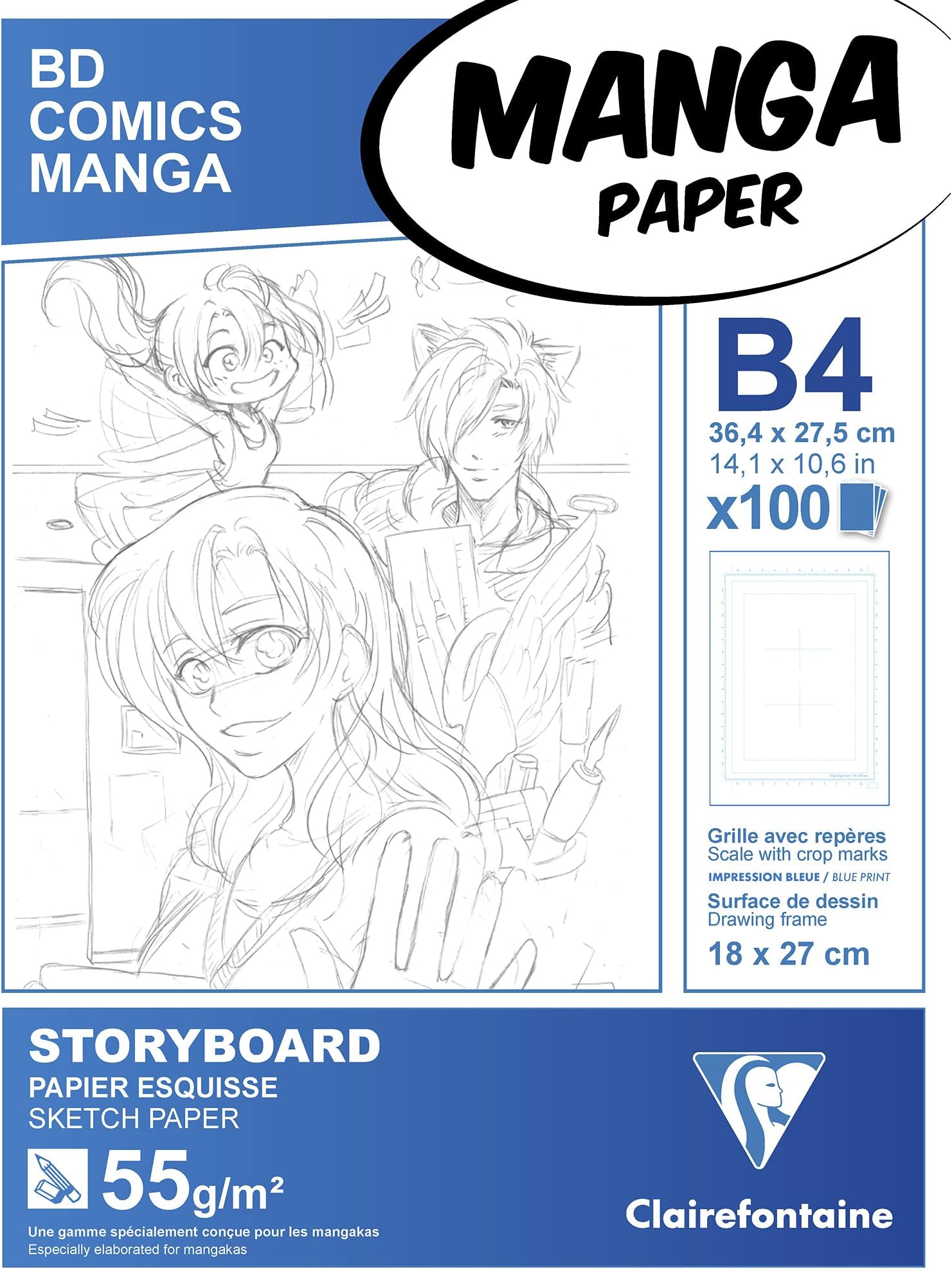 Clairefontaine - Ref 94040C - Manga Storyboard Glued Pad (100 Sheets) - B4 (27.5x37.4cm) Size, 55gsm Paper, White & Smooth, Ideal for Markers, Bleedproof