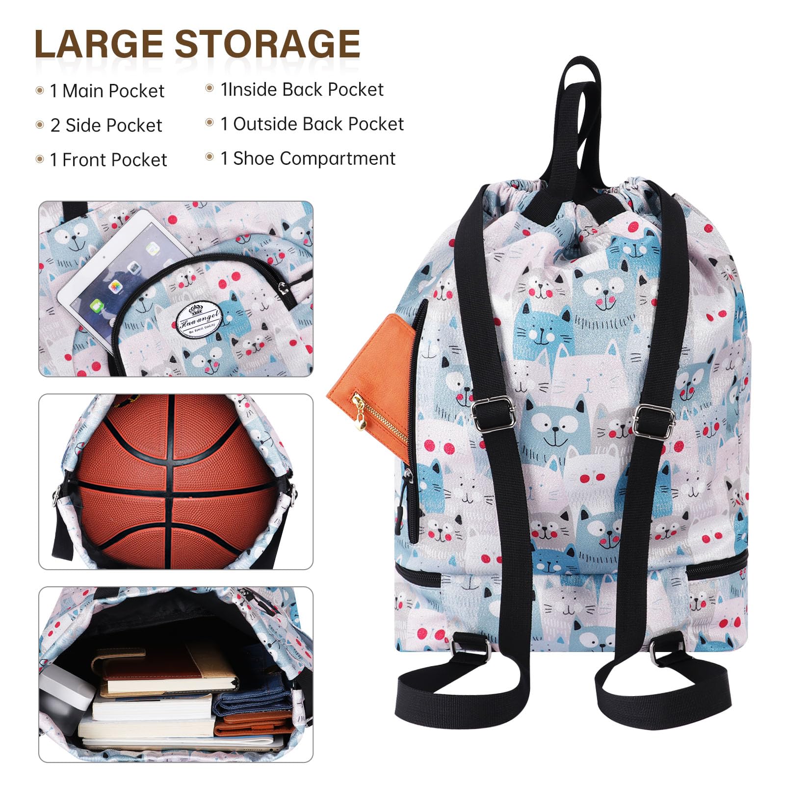 HUA ANGEL Unisex Drawstring Backpack Sports Gym Bag Drawstring Bag Weekend Daypack with Shoe Compartment for Women Men Basketball Football Outdoor Fitness Yoga Swimming Beach - Image 3