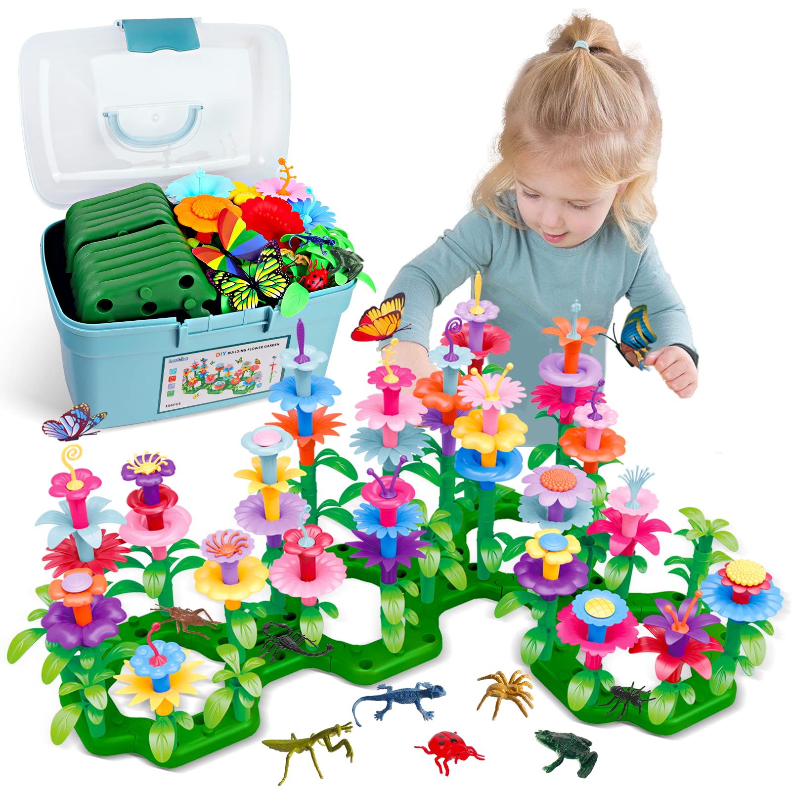 Toys Gifts for 2 3 4 5 6 Years Old Toddler Girls Boys, 156 PCS Insect Flower Garden Building Educational STEM Learning Pretend Play Gardening Set, Christmas Birthday Gifts for Preschool Kids Age 2+Toys Gifts for 2 3 4 5 6 Years Old Toddler Girls B…