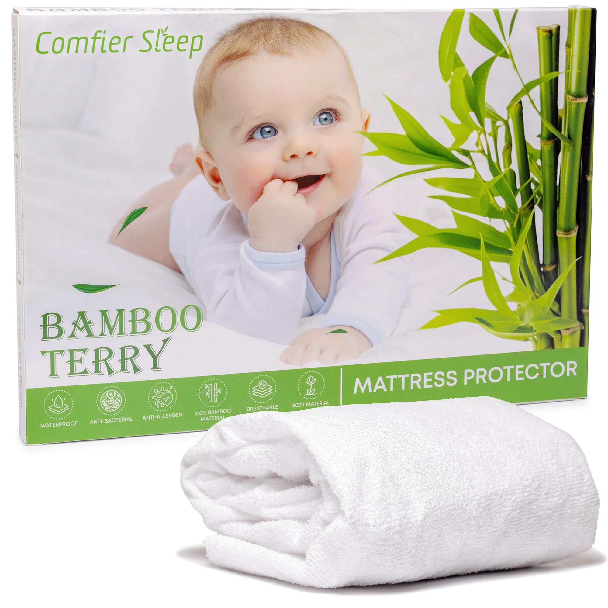 Cot Bed Mattress Protector 60x120cm – Waterproof Bamboo Terry Fitted Cover – Soft Brea...