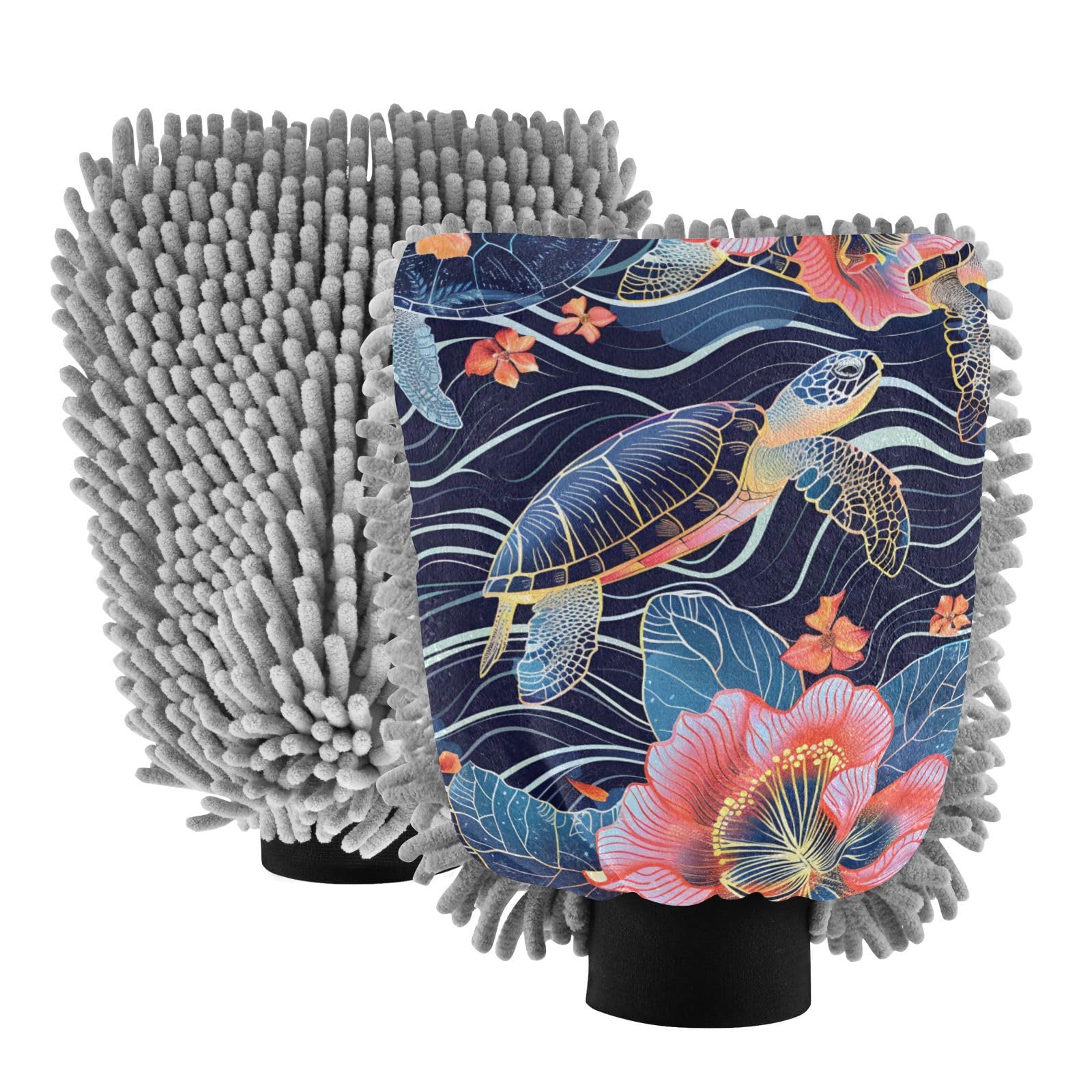IOACIY Absorbent Microfiber Car Wash Drying Mitts, 2 Pack, Scratch-Free & Lint-Free, Rich Foam, Highly Absorbent, Double Sided, Wash Mitt Perfect for Car Washing, L, Sea Turtle (3)