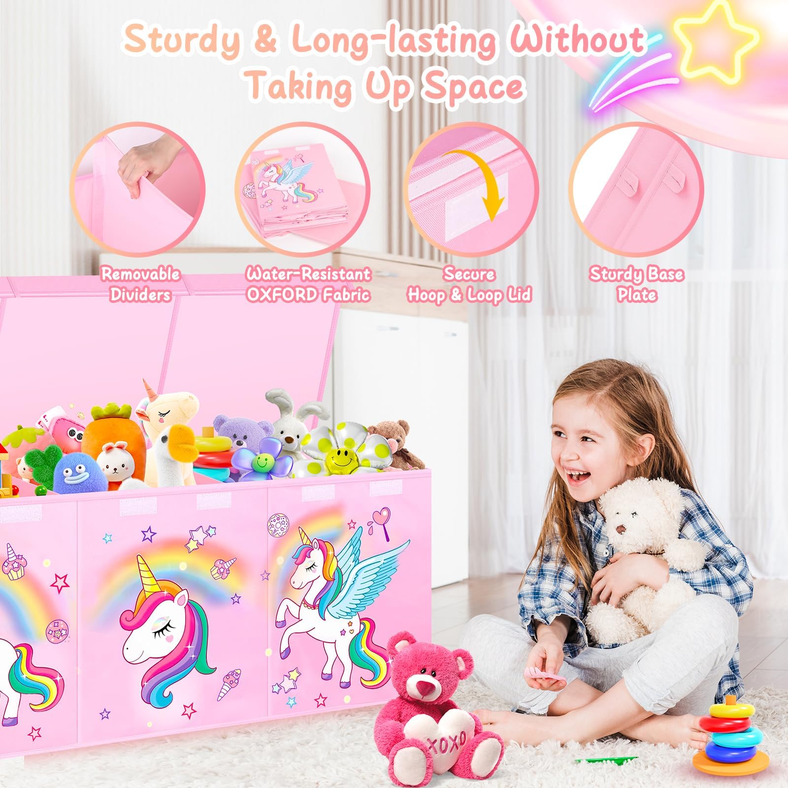 Mabahoo Caja de juguetes, organizador de almacenamiento de juguetes plegable y resistente con tapas, contenedores extragrandes para niños, guardería, sala de juegos, 41 x 14 x 16 pulgadas (rosa)