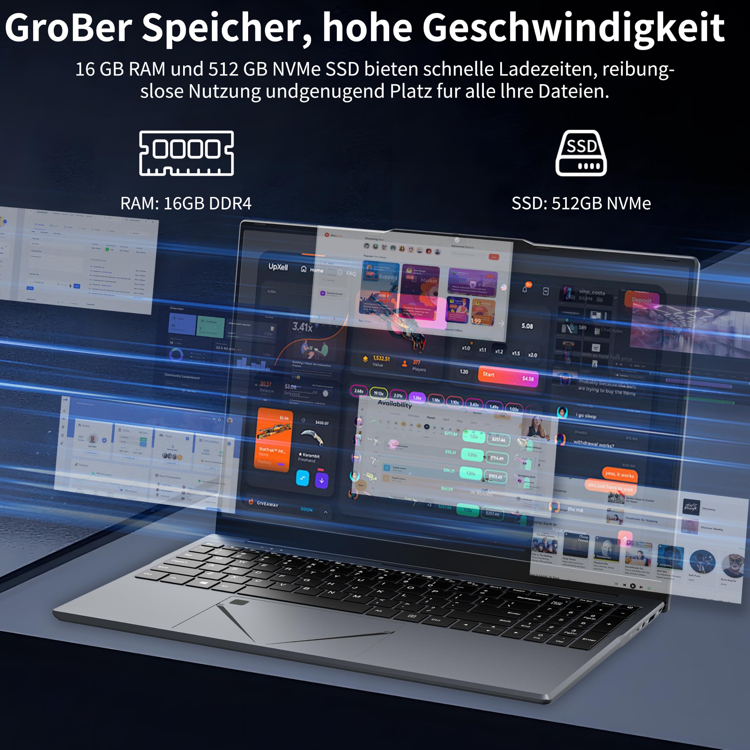 Amita Laptop 15,6 Zoll Full HD, Ryzen 5 3500U, 16 GB RAM, M.2 SSD, Notebook mit Nummernblock, Kameraabdeckung, Touchpad mit Schnellsteuerung für Lautstärke&Helligkeit (16GB+450GB)