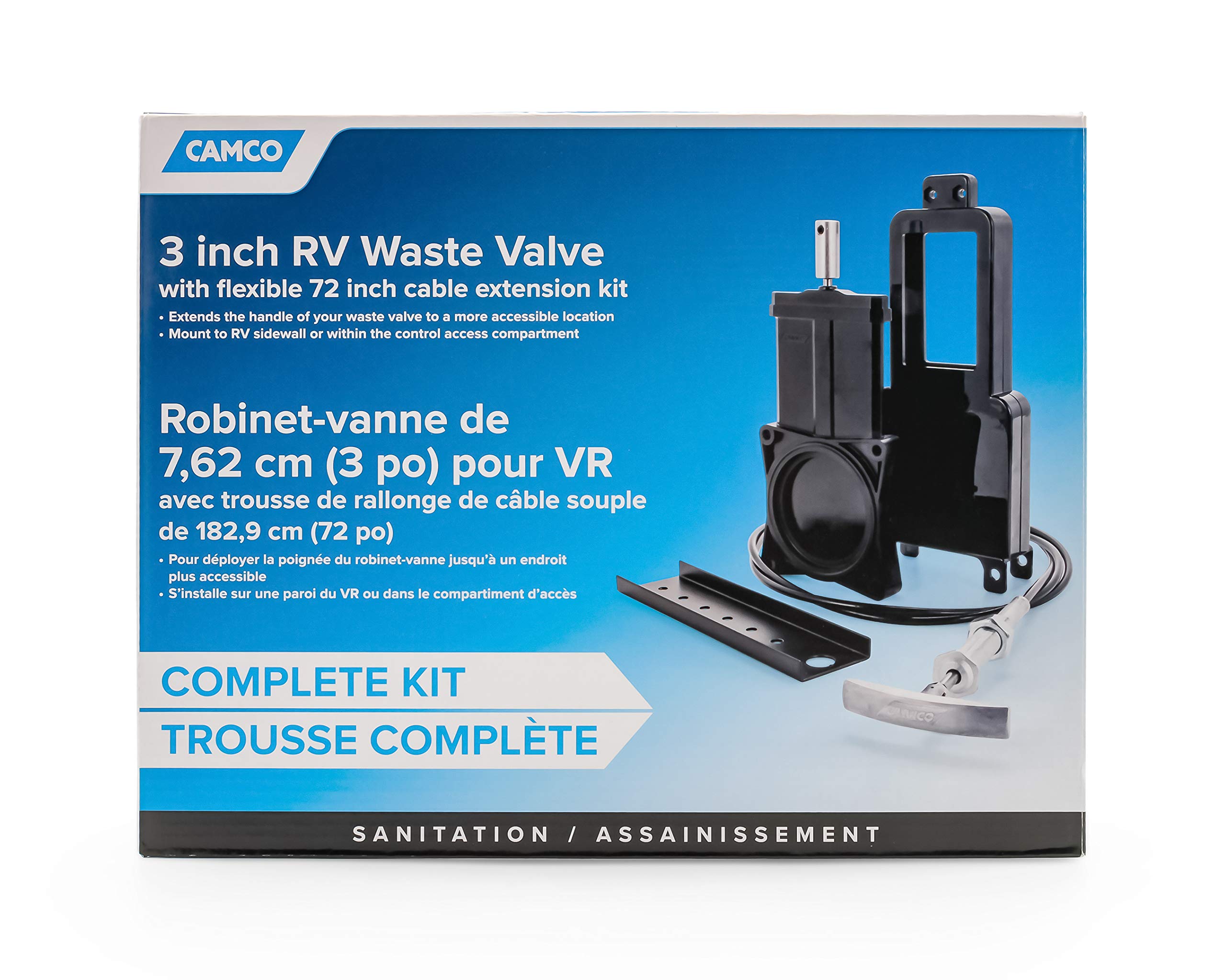 Camco 39519 Waste Valve Kit for RV Sewer Systems - Includes 3" Sewer Valve with Metal Handle and 32" Extension Cord, Installation Hardware Included