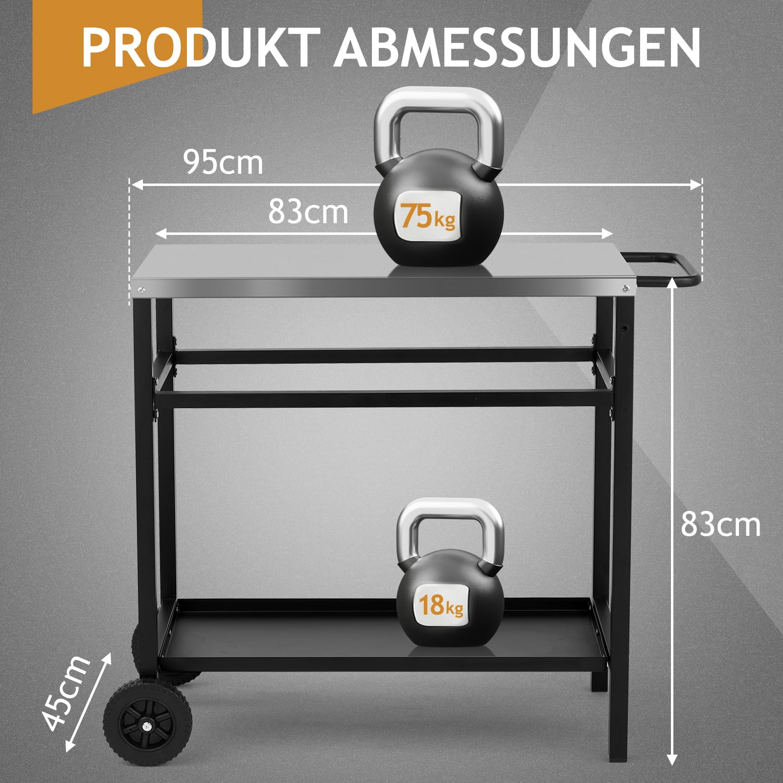 LEADZM Grillwagen - Grilltisch Outdoor, 95 x 45 x 83 cm, Schreibtisch aus Edelstahl Silber, Mit Rädern, mobil, Servierwagen für Gärten Schwarz