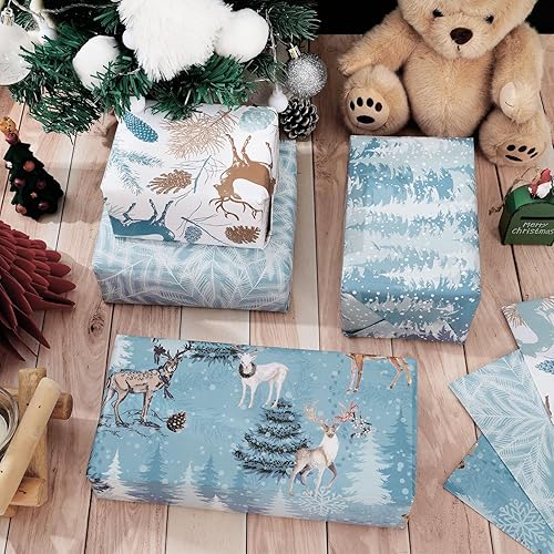 Miniatura 6 de Whaline 12 piezas de papel de regalo de Navidad, papel de regalo de reno de invierno, papel plegable a granel, plano azul, para árbol de Navidad,
