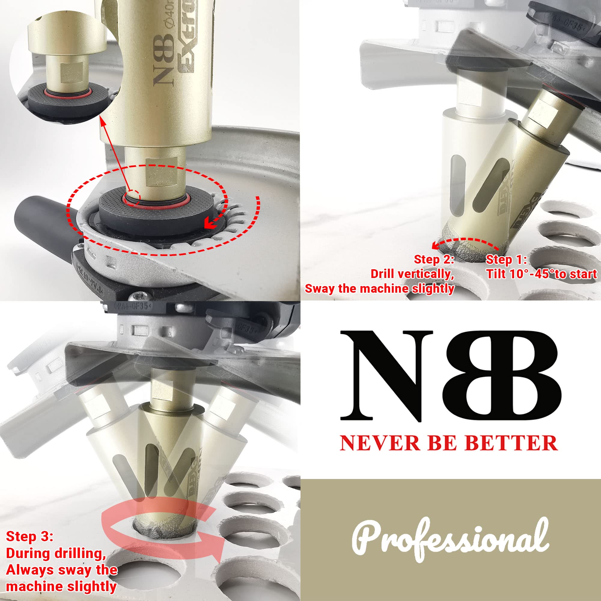 NBB Broca de diamante con M14 corona diamante para taladrar en seco y en húmedo profesionalmente en porcelana dura cerámica baldosas granito mármol azulejo para Amoladora Angular (4, 35/40/50/68mm)