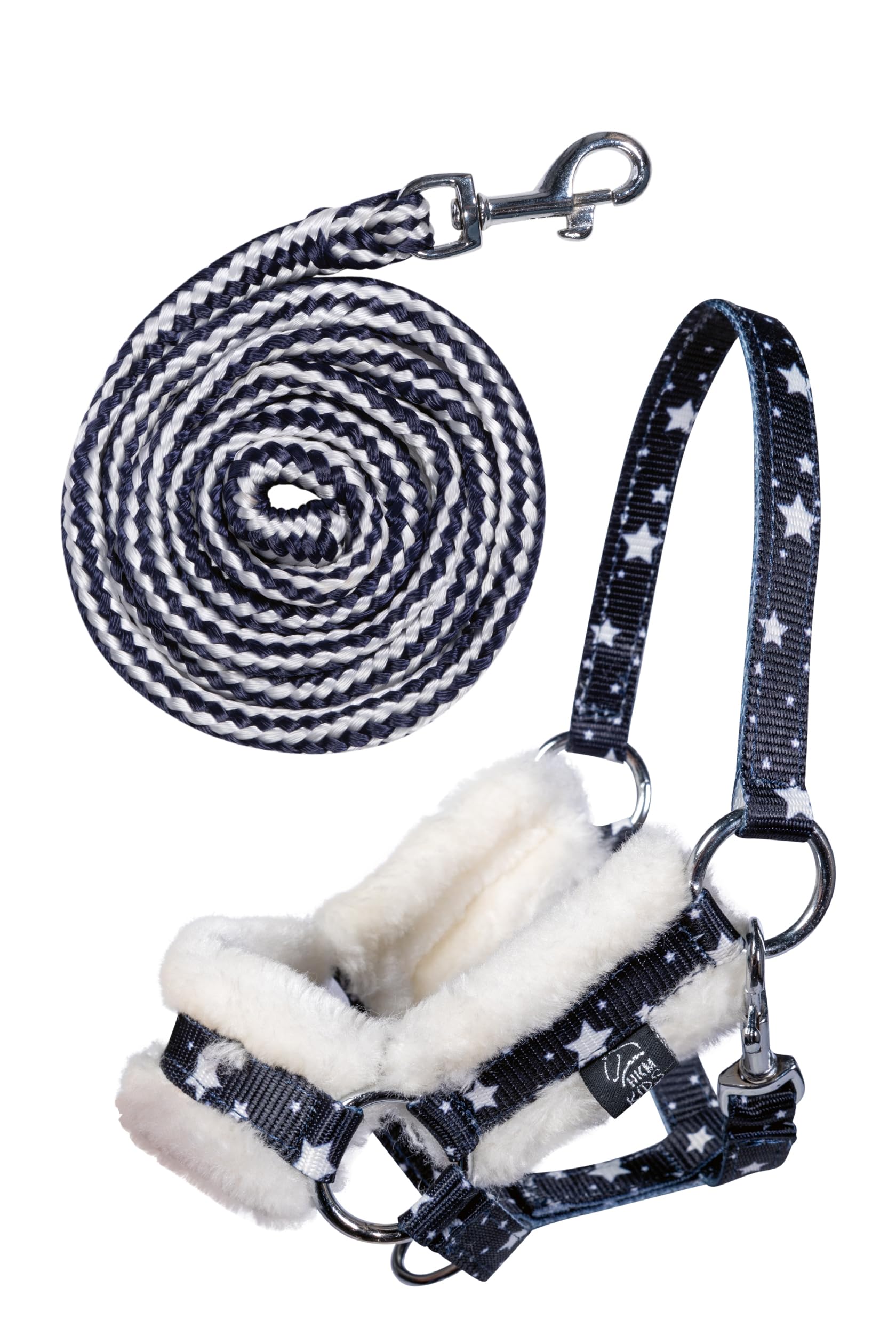 Holly & Claire HKM Hobby Horse „Clara“ – marmoriert grau | Set mit Halfter, Führstrick & Fliegenhaube Navy mit Sternen | Zubehör-Set für Steckenpferde Hobby-Horse-Fans