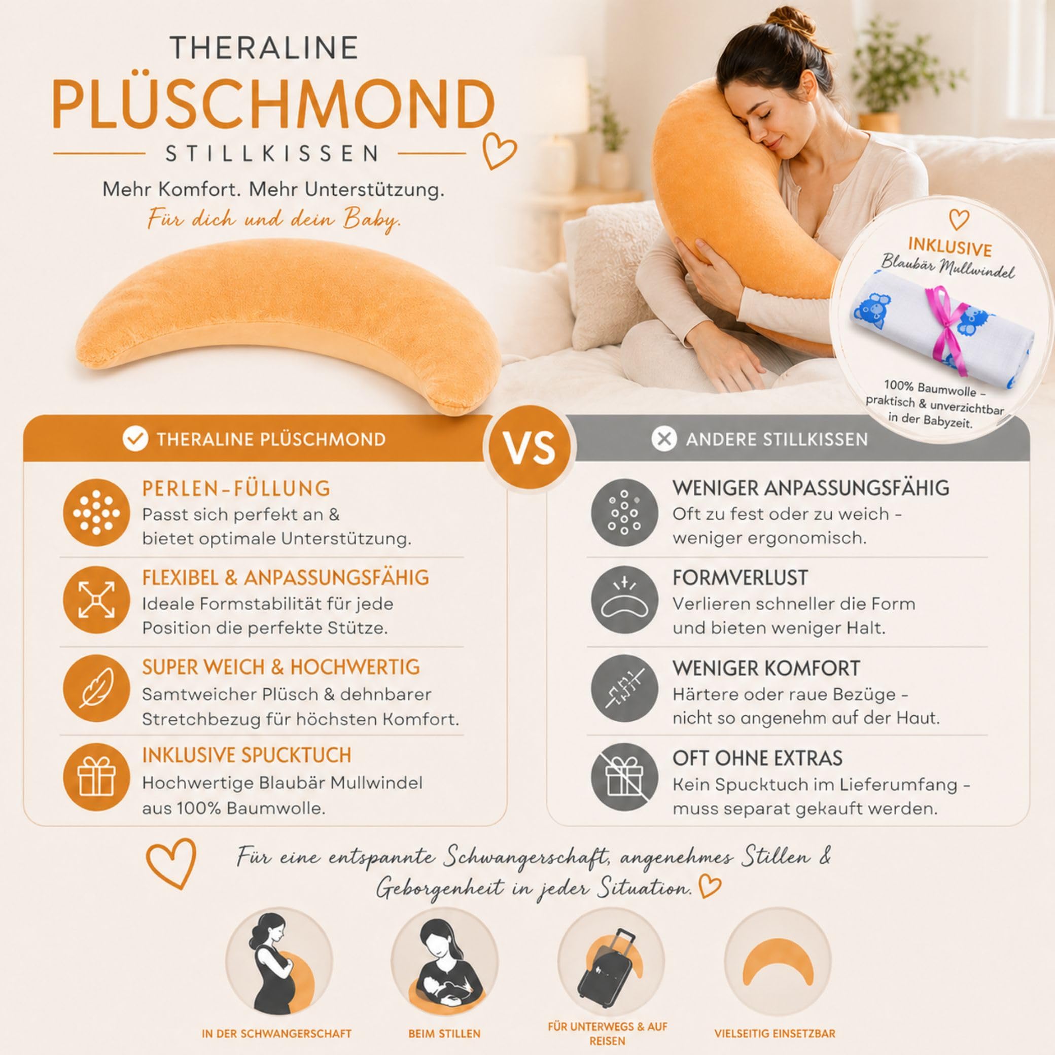 Set Theraline Plüschmond Stillkissen, Bauchstützkissen & Spucktuch Blaubär | Schmusekissen und Lesekissen | Kopf- und Nackenkissen | kein Rascheln durch Perlen | gefüllt mit Perlen