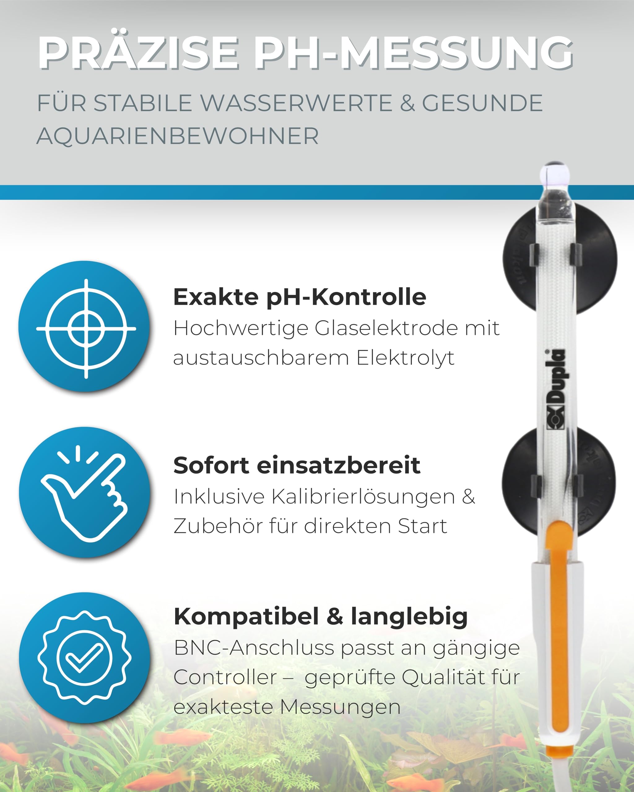 Dupla pH-Elektroden Set 2.0 mit BNC Stecker inklusive Kalibirierlösung pH 4 und pH 7, Dest, sowie Messbecher. Deutsche Gebrauchsanleitung. 1,8m Kabel.