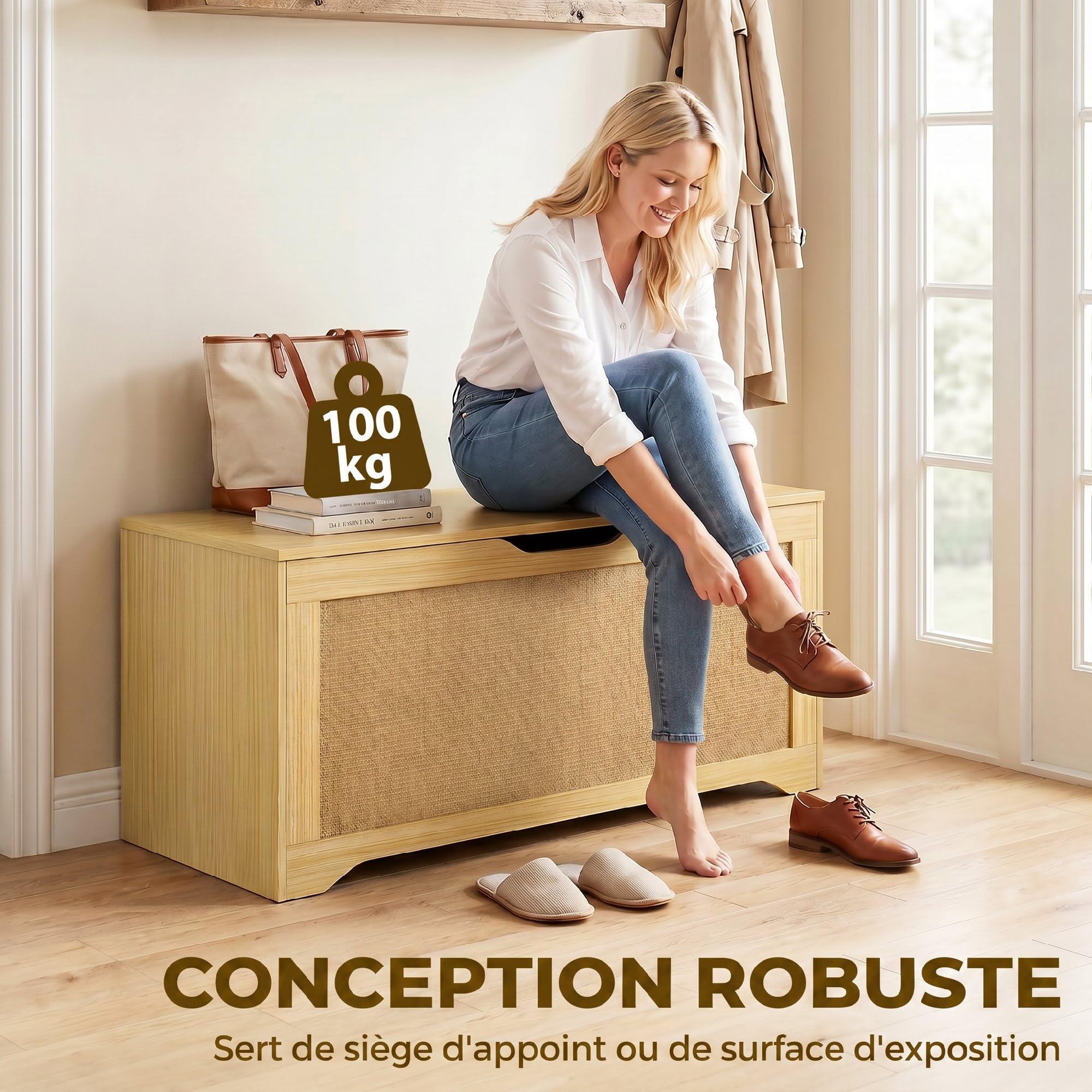 HOMCOM Coffre de Rangement en Rotin 136L Banc Coffre 100x40x45 cm Chêne