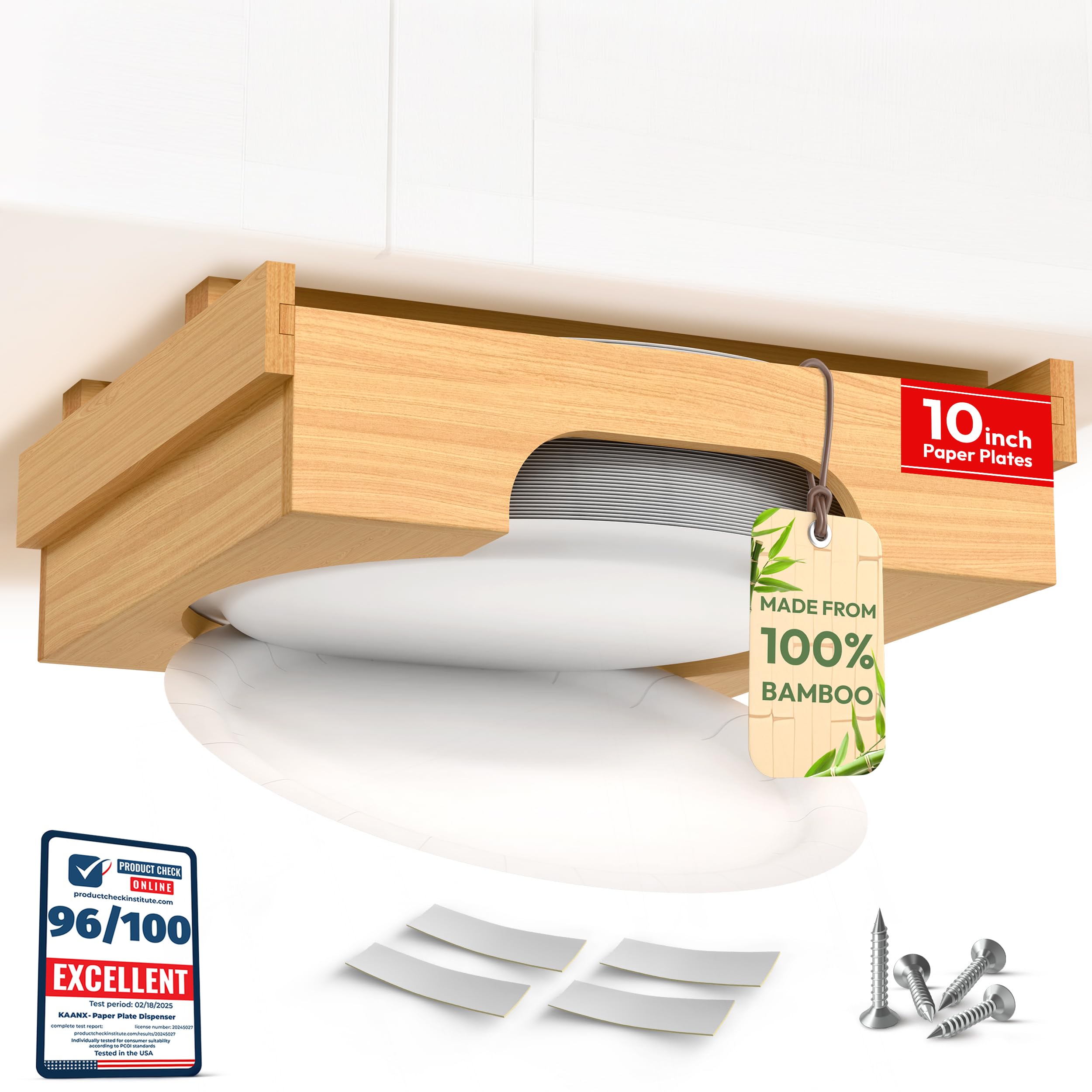 10 inch Paper Plate Dispenser Holder Bamboo Under Cabinet Vertical Rack for Kitchen Countertop Organizer Space Saver Shelf Lid Holder Counter Storage Can Dispenser Pantry Aid Caddy Estante