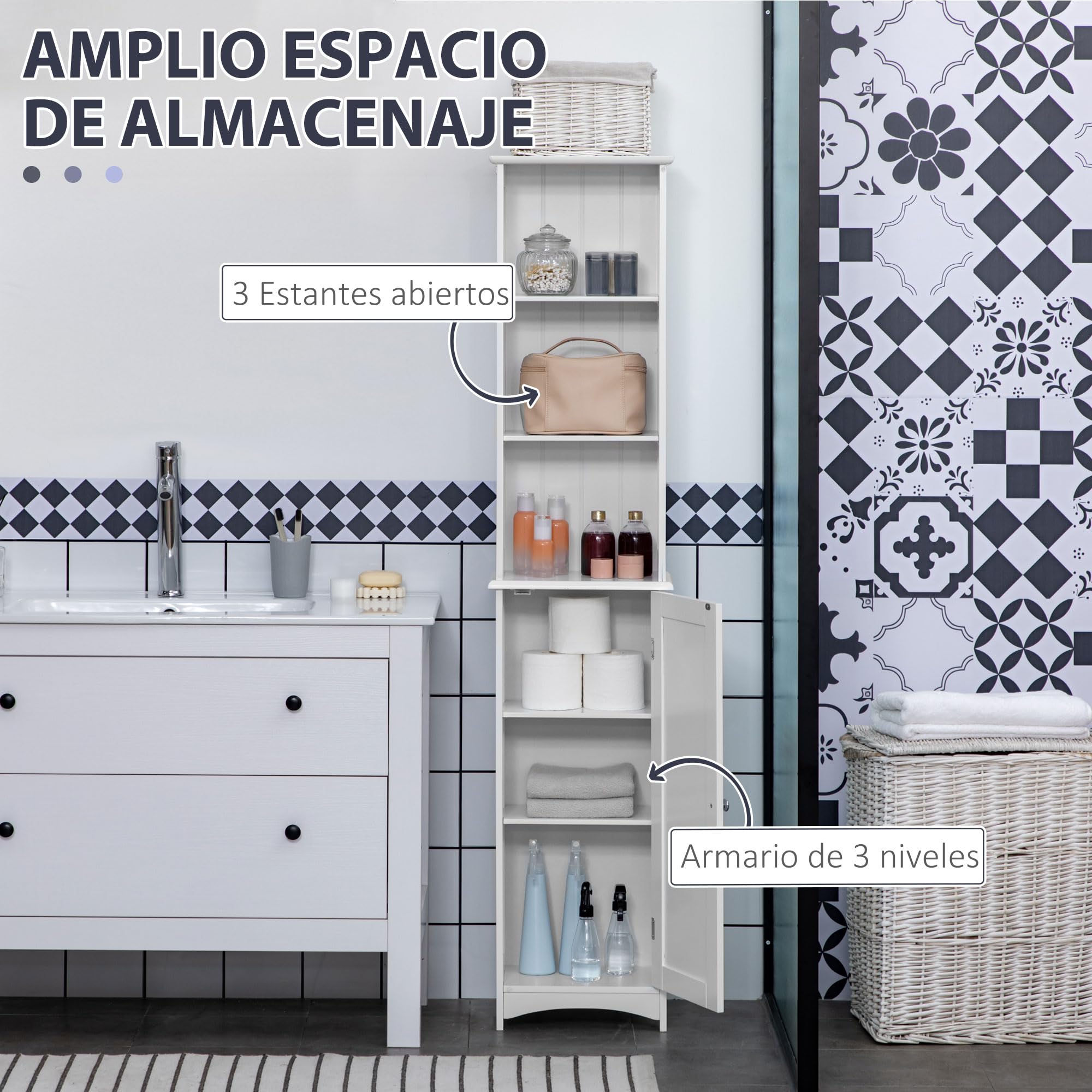 kleankin Armario Alto de Baño con 3 Compartimientos 34x23x165 cm Blanco
