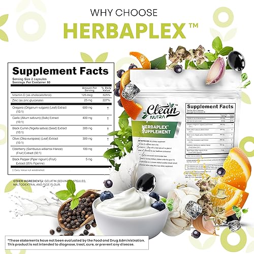 Miniatura 4 de Suplemento Clean Nutra HerbaPlex, aceite de orégano, extracto de ajo, hoja de olivo, aceite de semilla negra, vitamina D3, zinc, saúco, 120 cápsulas