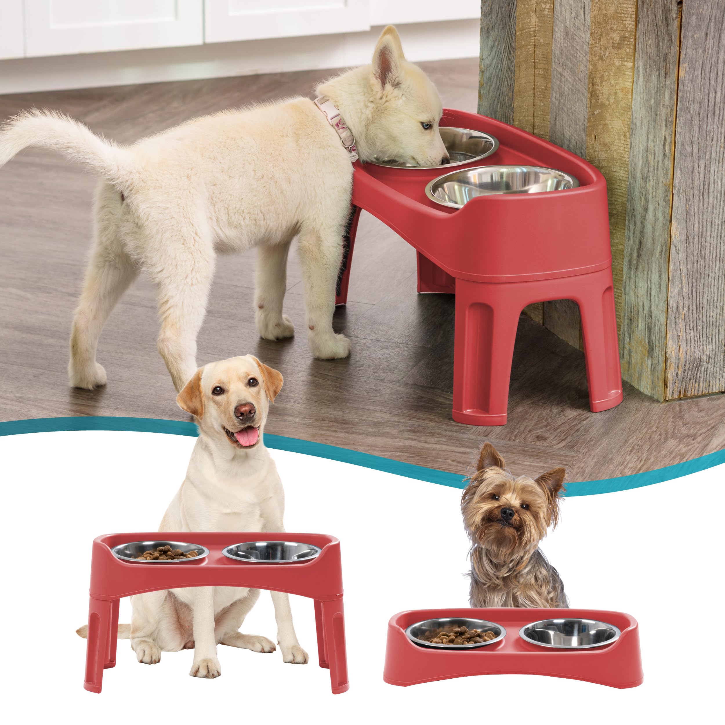 IRIS Gamelles surélevées pour Chien USA - Hauteur réglable - 2 gamelles épaisses en Acier Inoxydable de 1,8 l - Anti-déversement avec Bord extérieur surélevé - Fabriqué aux États-Unis - Plastique