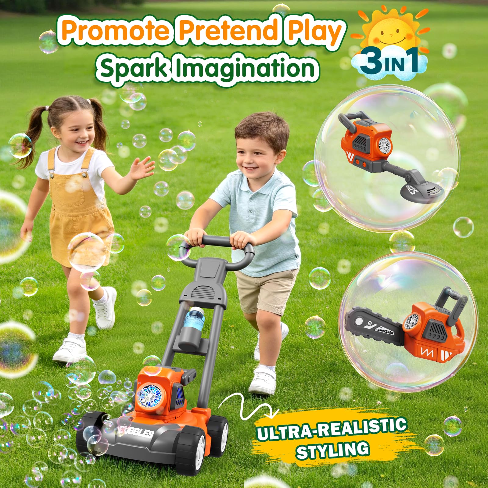Tosaerba Spara Bolle per Bambini, Macchina per Bolle 3-in-1 con 10 Soluzioni, Giochi all'Aperto per Bambini 3-8 Anni, Regalo di Compleanno Pasqua Estate per Ragazzi e Ragazze 3 4 5 6 7 8 Anni