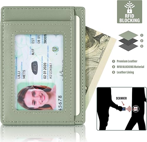 Miniatura 64 de Travelambo billetera mediana y minimalista de cuero para bolsillo frontal, con bloqueo de interferencia de radiofrecuencia, Verde, Minimalista