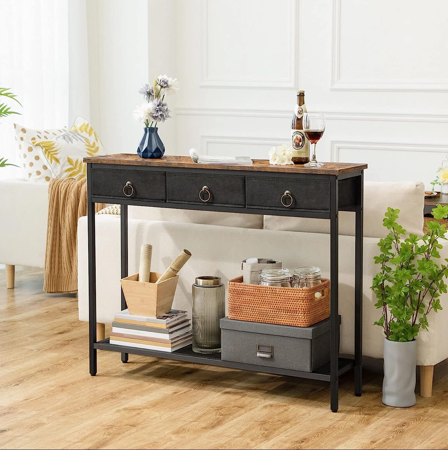 FEFE Console Table Industrial Hallway Table, Slim Sofa Table with 3 Non-woven Drawers, Metal Mesh Frame, Sturdy, Narrow Side Table for Small Spaces, Entrance, Living Room, Rustic Brown
