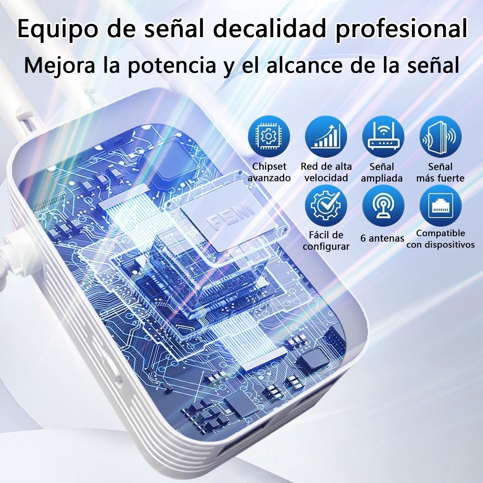 Repetidor WiFi Largo Alcance, Amplificador Señal WiFi, Señal Cobertura hasta 1200 m² para 50 Dispositivos, Extensor de WiFi con 6 Antenas, 2 Puertos Ethernet, Compatible con Todos los Routers — view 2
