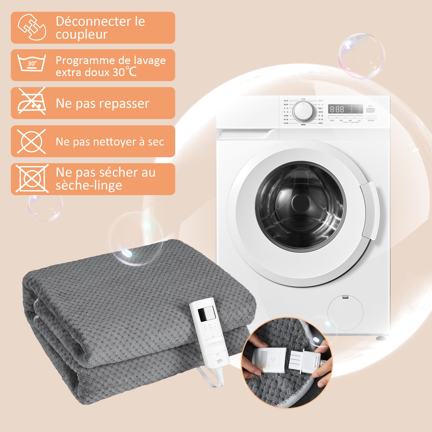 TOPS Couverture électrique double 160 x 140cm, 18-48℃ Réglage de la chaleur, 3 niveaux d'arrêt automatique, protection contre la surchauffe, lavable en machine