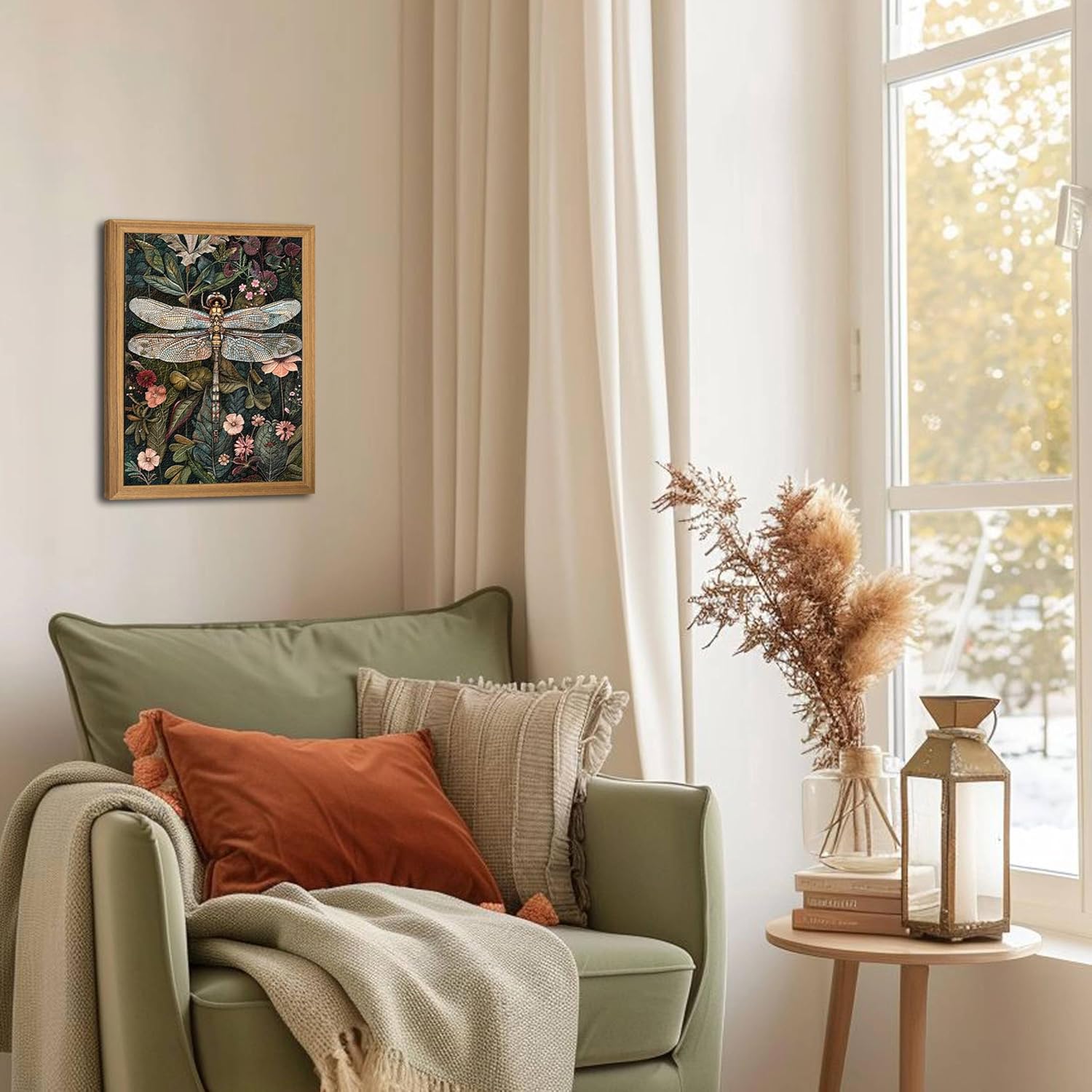 Framed Vintage 3D Textured Wall Art - Dark Green Dragonfly Flowers Wall Decor - Hand Drawn Sandstone Nature Botanical Pictures for Living Room Bedroom Home Decor 12x16in