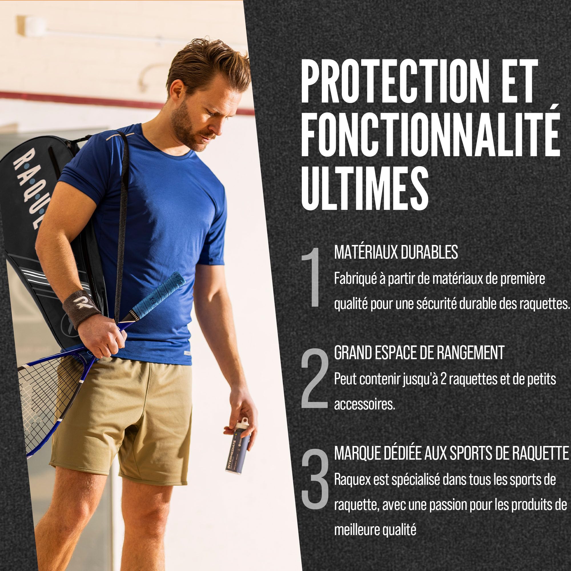Raquex Sac pour Raquette de Tennis - Bleu ou Noir - Housse de Protection pour Raquette de Tennis, Squash et Badminton - pour 2 Raquettes et Accessoires avec bandoulière