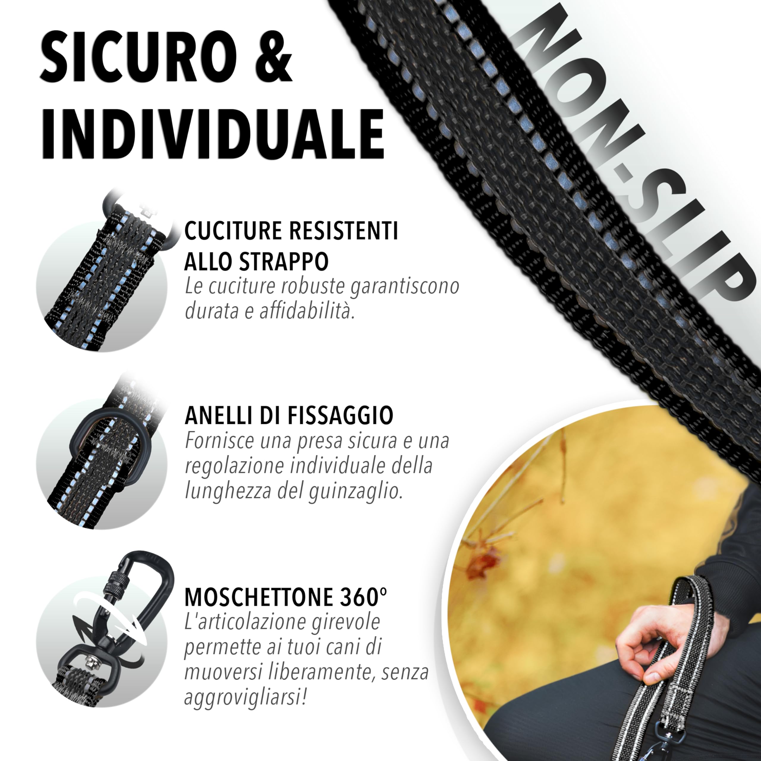 Guinzaglio Cane Robusto 3m Regolabile Piccoli e Grandi (10-100kg) – Gommato Antiscivolo & Mani Libere – Moschettone Sicurezza – STRONGHOLD – Marchio Tedesco