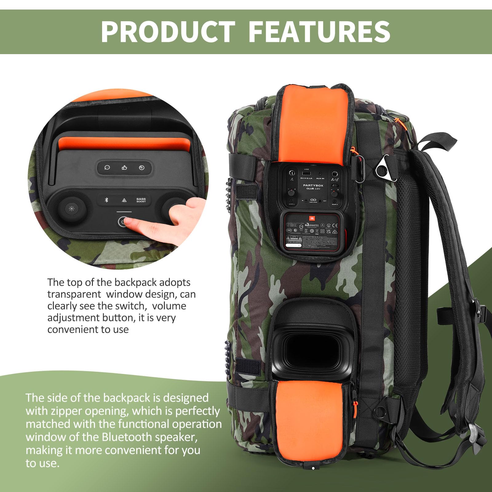 Funda tipo mochila para altavoz Bluetooth JBL PARTYBOX 120, camouflage, Personalizable