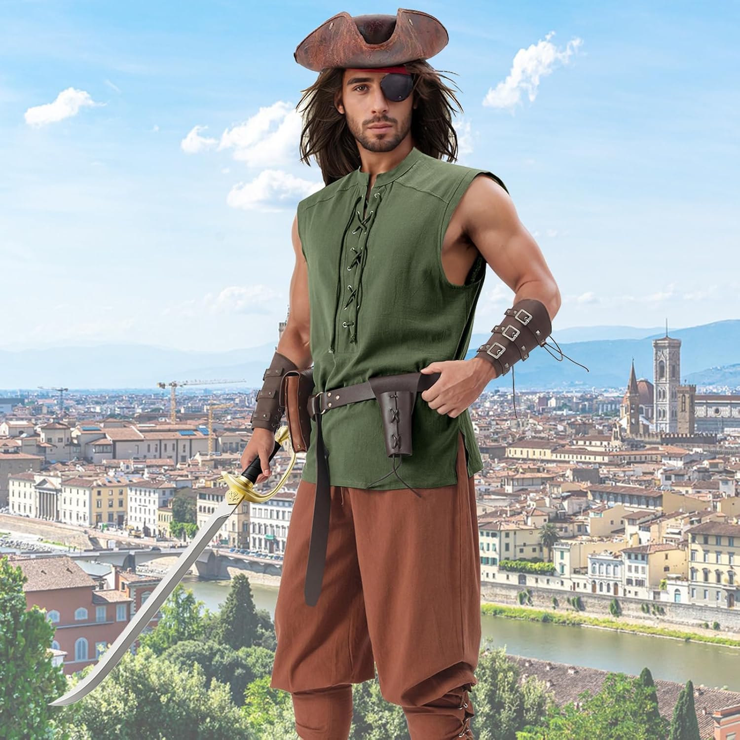 Mens Medieval Pirate Lace-up Sleeveless Shirt, Renaissance Viking Stand Collar Top, Steampunk Gothic Costume Tunic - Image 2