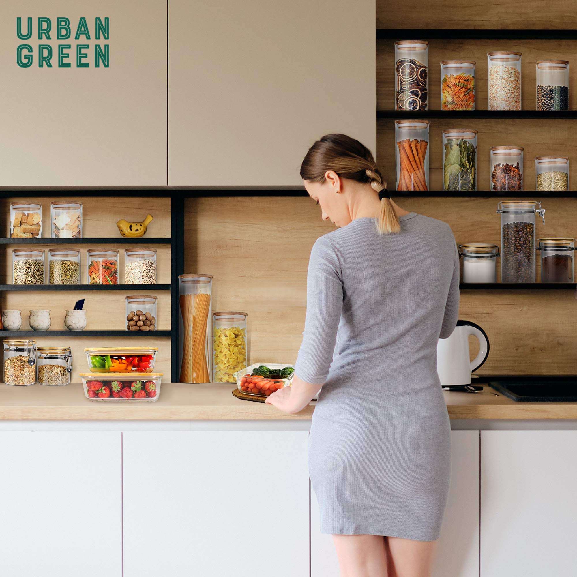 Urban Green Barattoli di vetro con coperchi ermetici, contenitori ermetici in vetro con coperchi in legno, contenitori per alimenti in vetro con coperchio, barattoli in vetro per spezie ed erbe